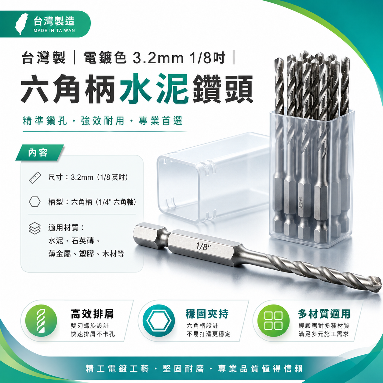 15支罐裝版｜台灣製｜電鍍色 3.2mm 1/8"｜六角柄水泥鑽頭 六角軸萬用水泥鑽尾 拋光石英磚 薄金屬用