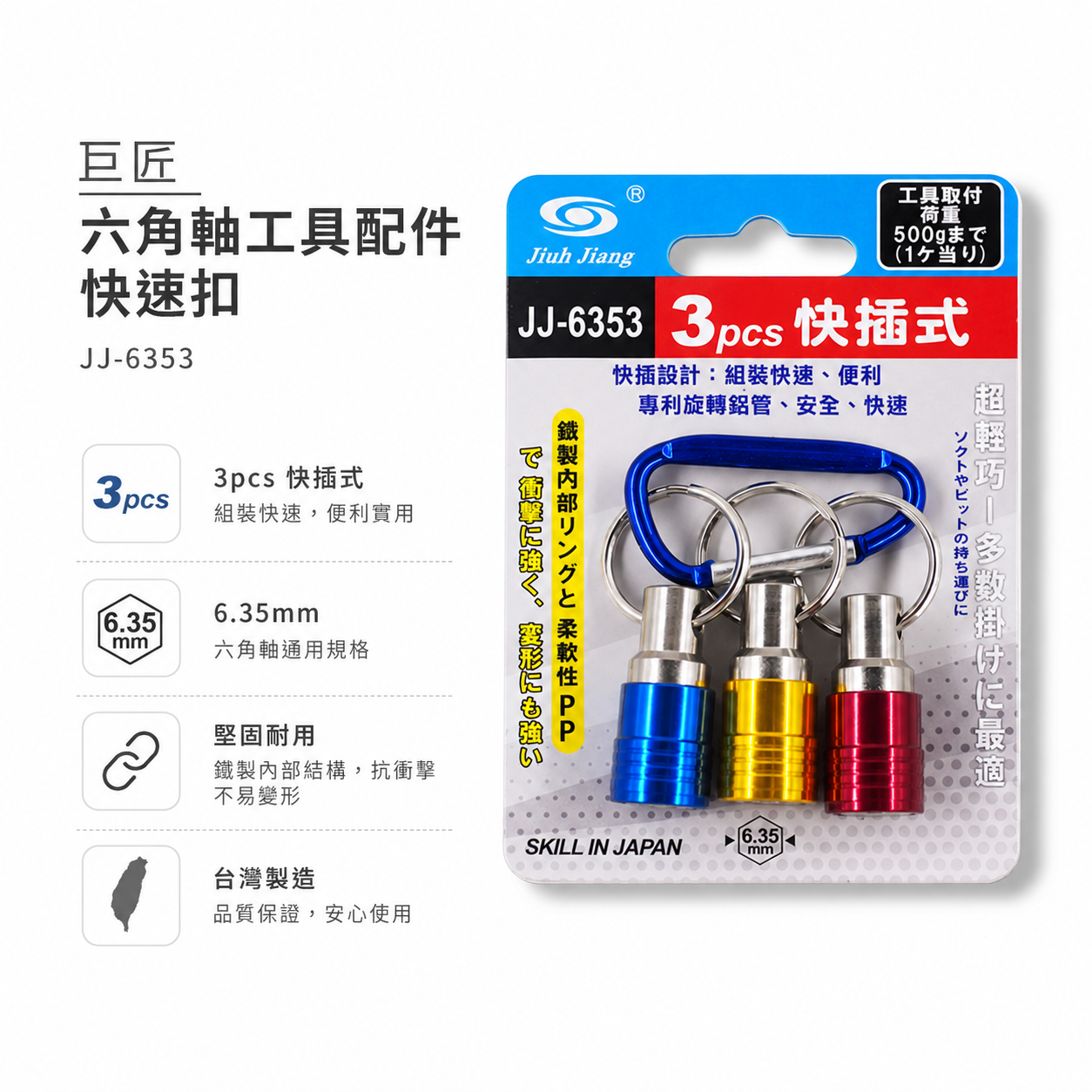 巨匠 台灣製｜新款-快脫起子頭鑰匙扣 鑽頭鑰匙圈 六角軸工具配件快速扣 六角起子頭快扣環3入｜JJ-6353