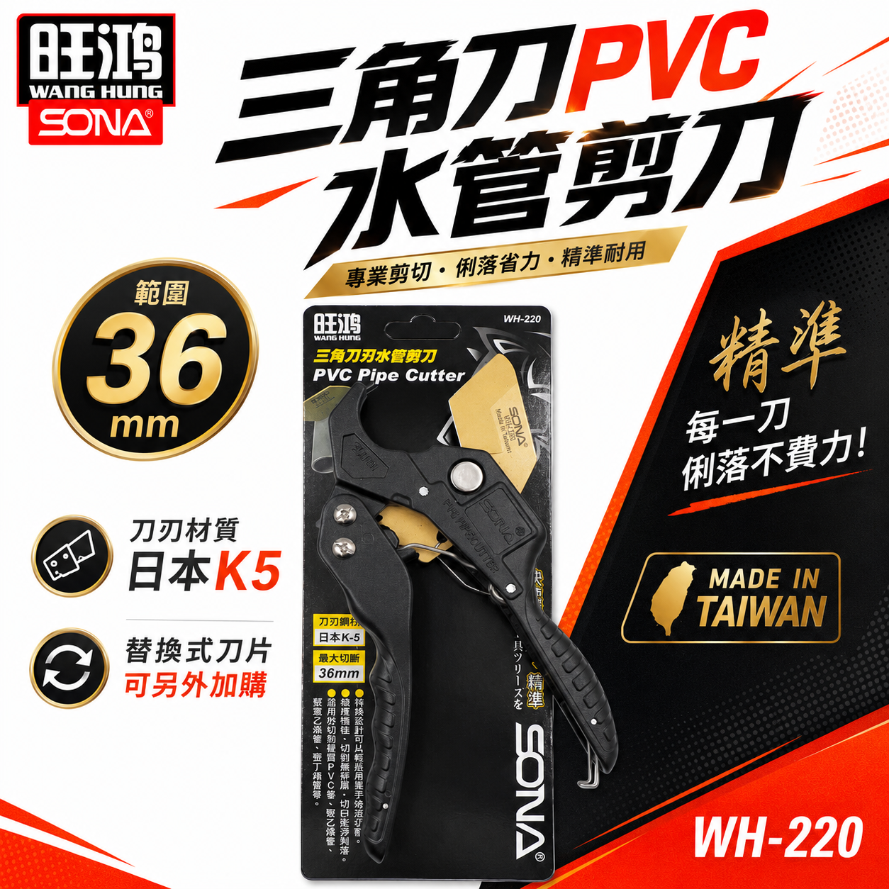 旺鴻 台灣製｜三角刀刃-自動退刀塑膠管水管刀 36mm PVC管剪刀 切管刀 水管剪切刀 刀片｜WH-220