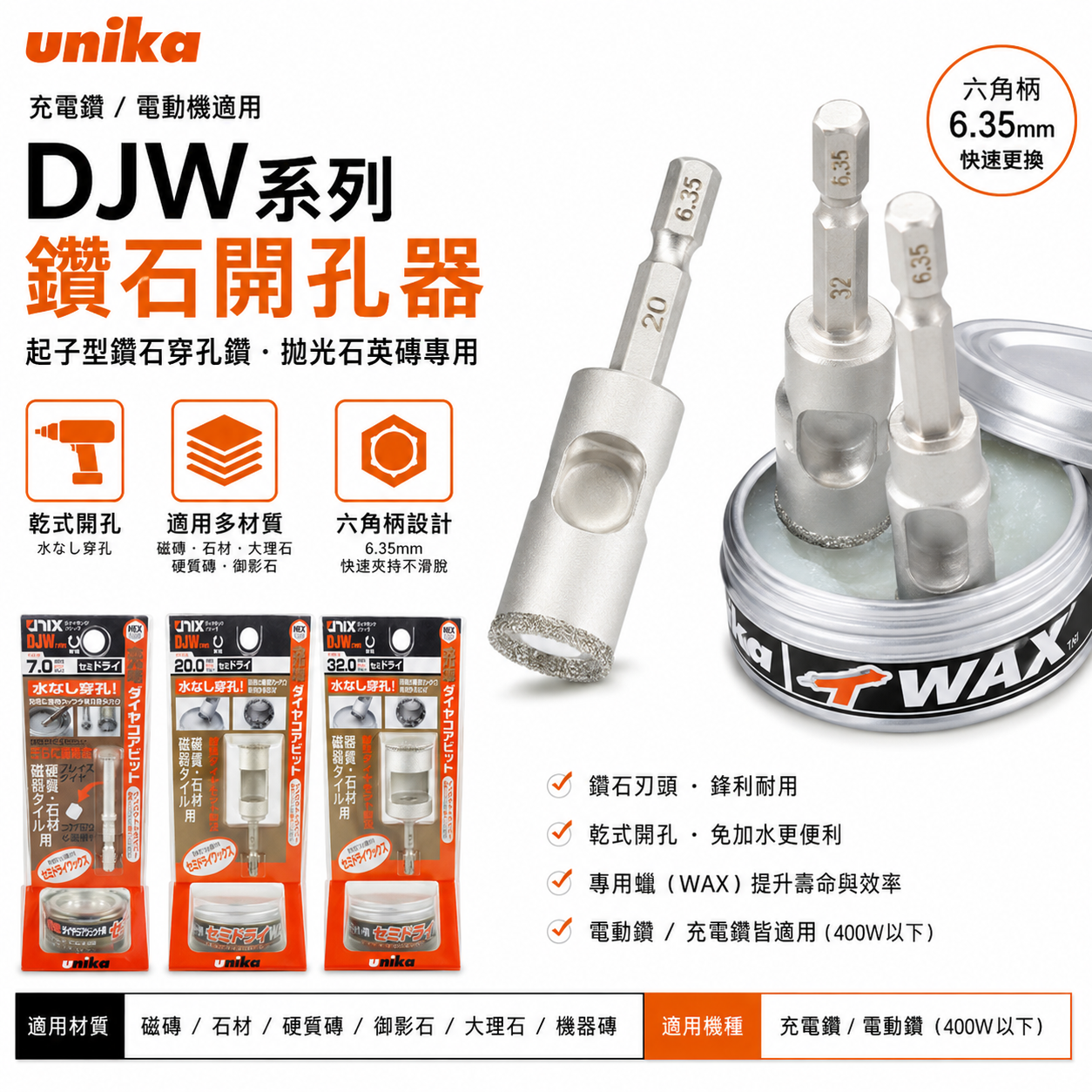 日本 UNIKA｜六角柄鑽石圓穴鋸 六角軸鑽石開孔器 BIT磁器鑽尾 石材鑽石圓穴鑽頭 拋光石英磚用 穿孔鑽｜DJW系列
