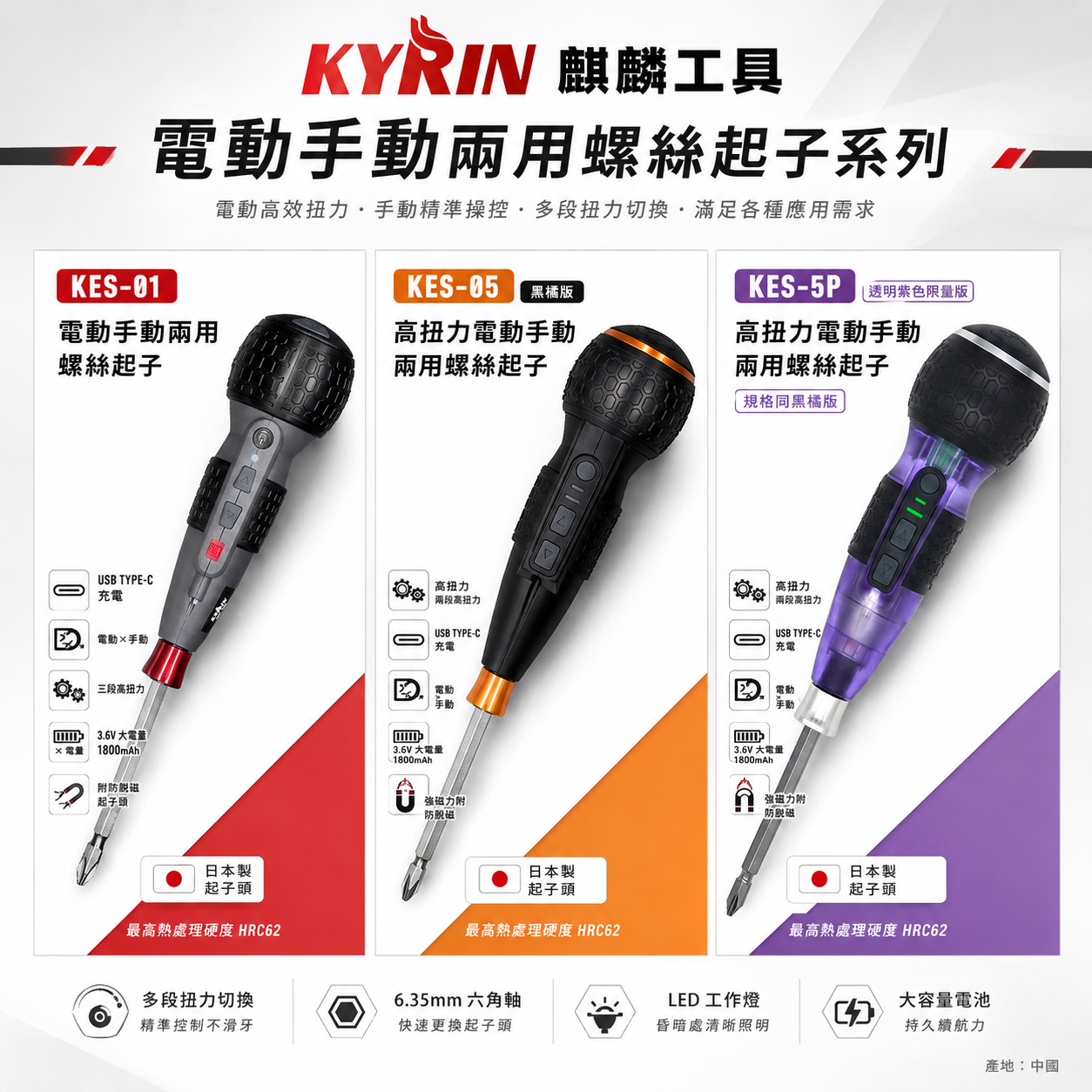 KYRIN 麒麟工具｜3.6V 充電式高扭力電動手動兩用螺絲起子 變速起子機｜KES-05｜KES-5N｜KES-01