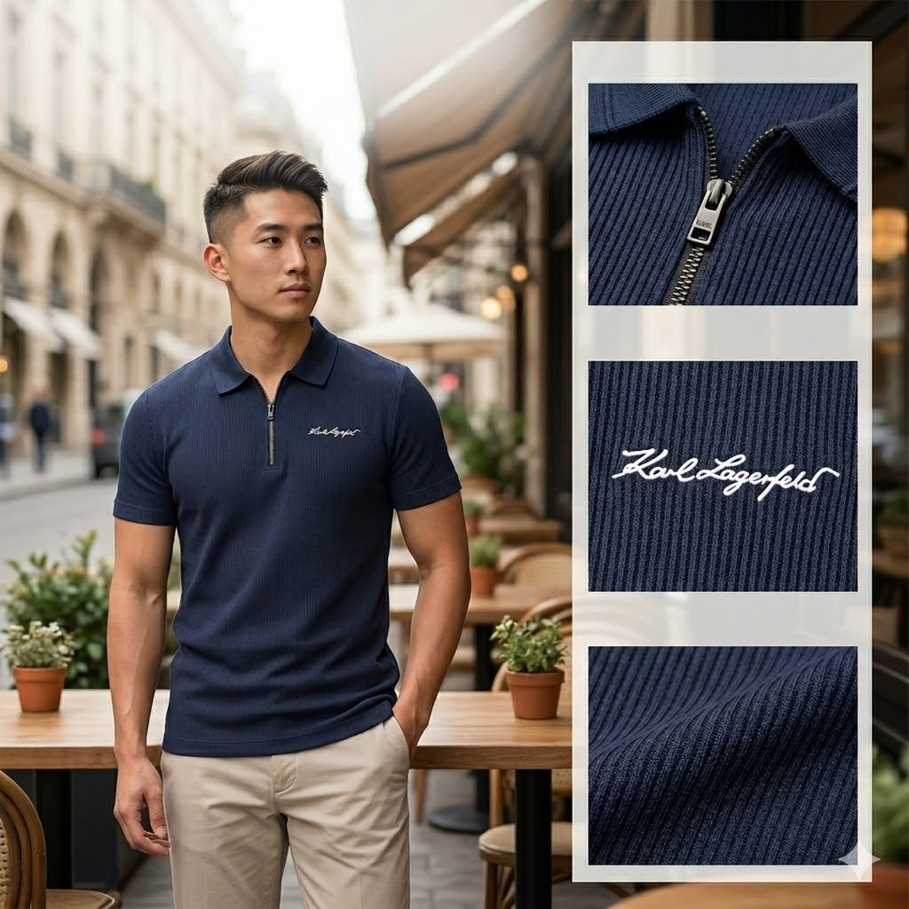 【預購】KARL LAGERFELD PARIS H050635 男裝Logo 拉鍊 Polo 衫