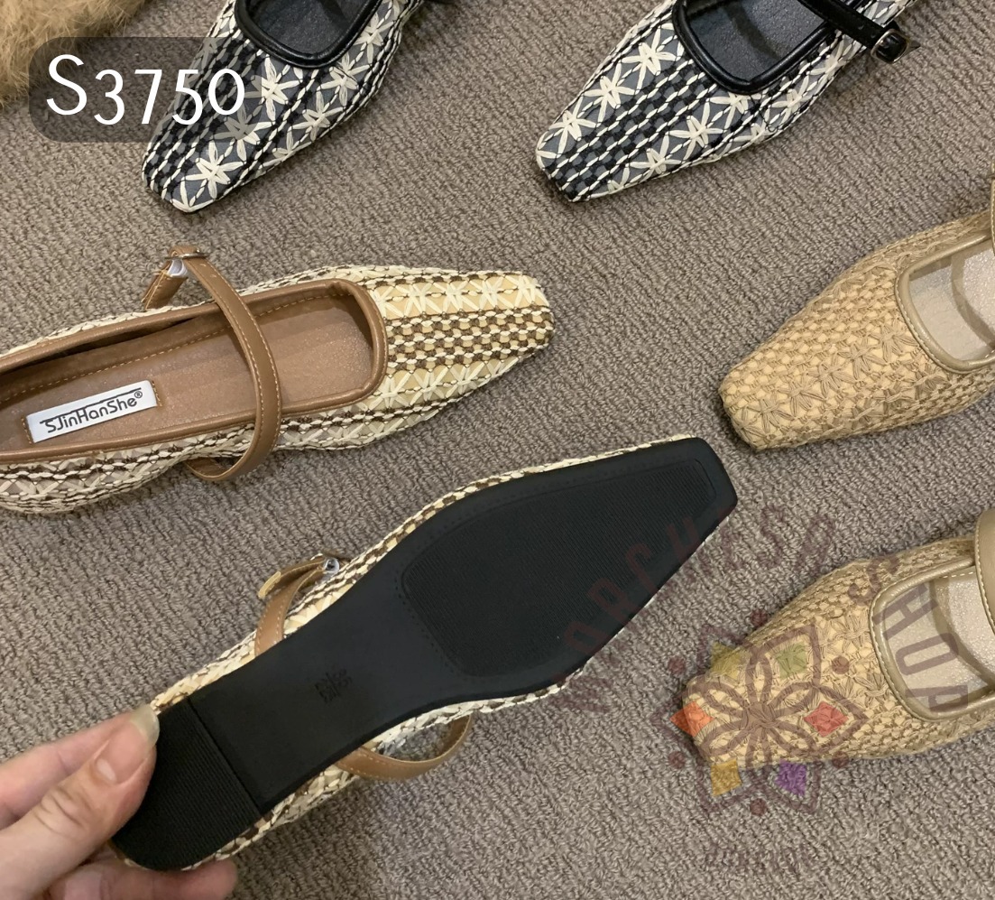 S3750 - 牛皮麻布面編織方頭平底鞋