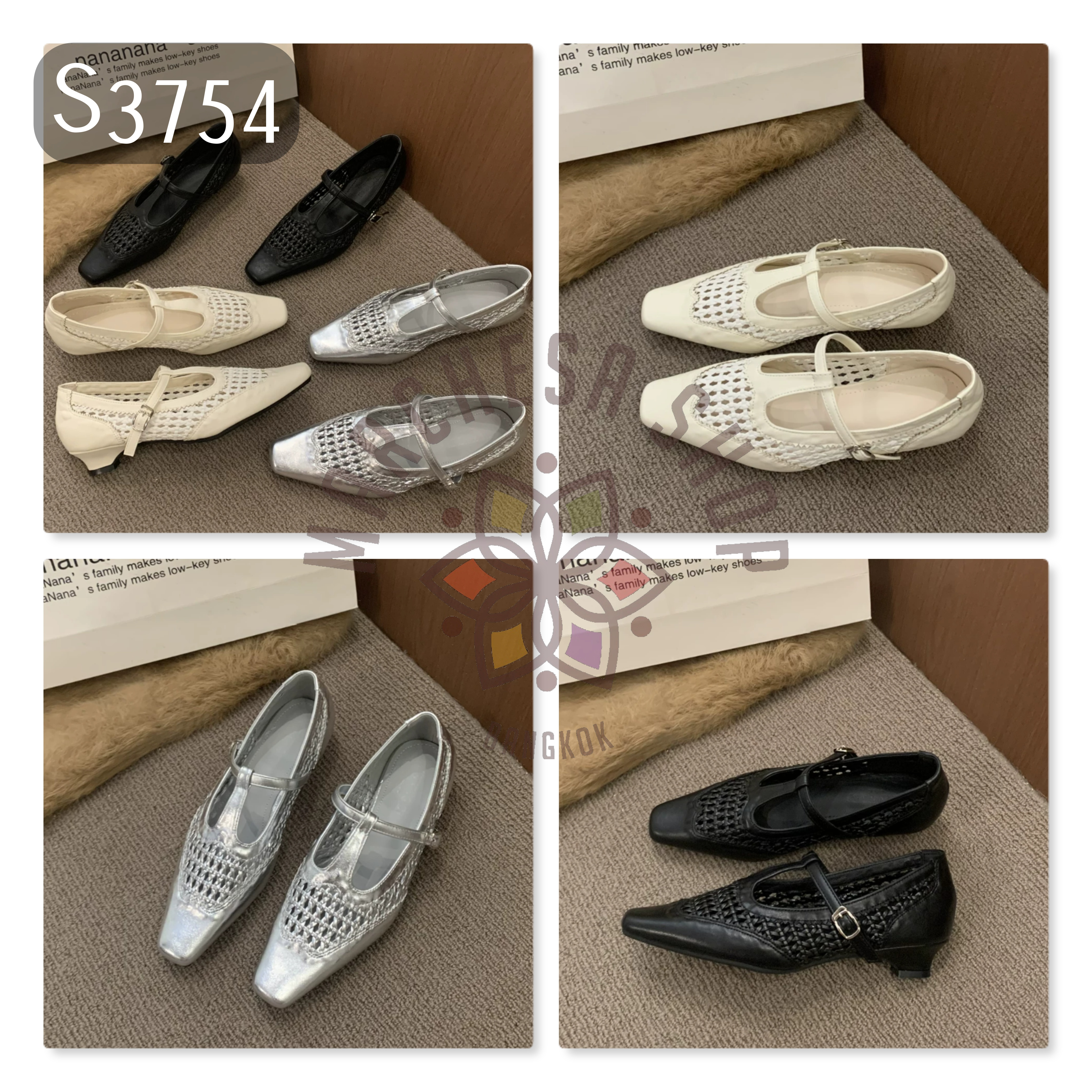 S3754 - 牛皮編織鏤空T字扣方頭低踭鞋