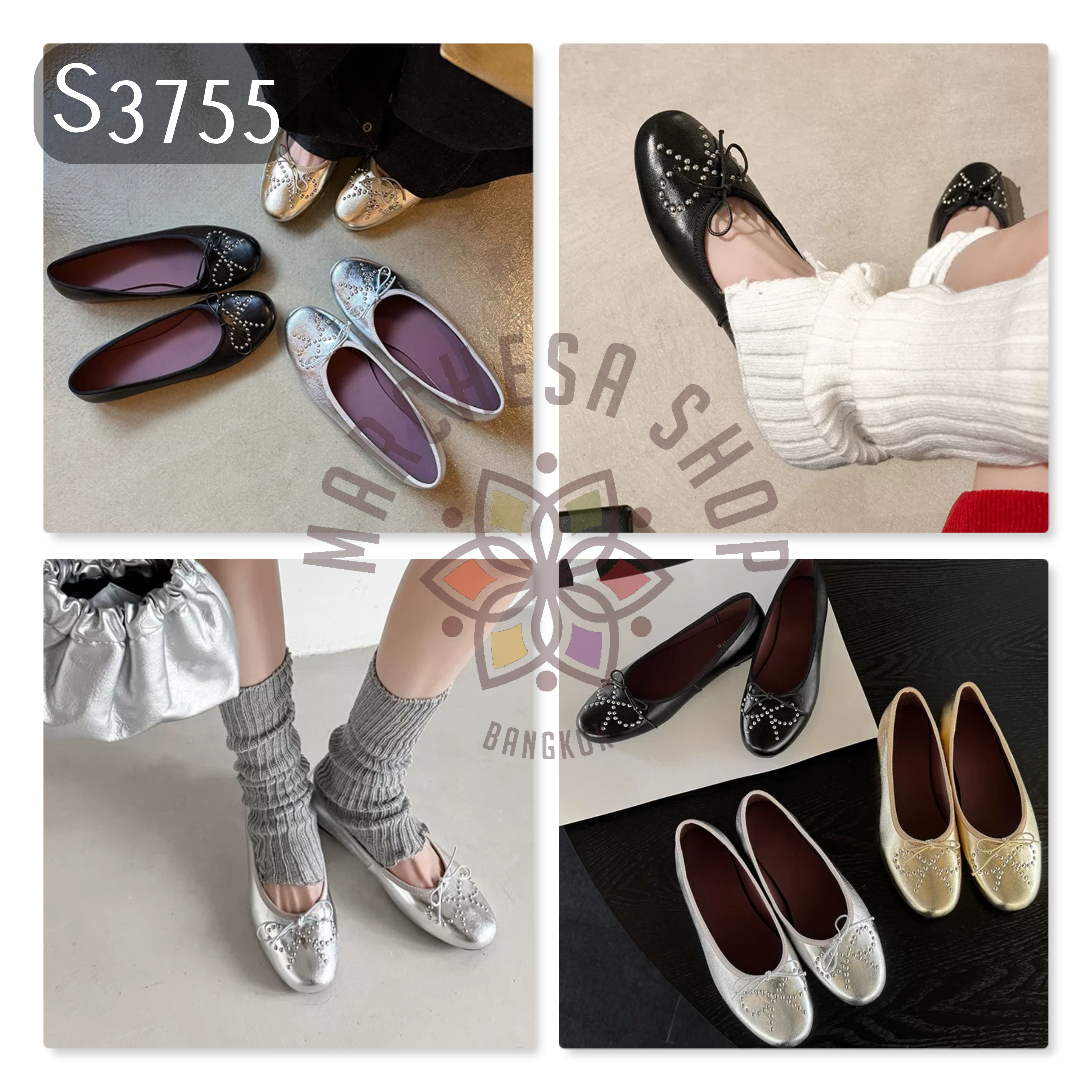 S3755 - 牛皮鉚釘蝴蝶結圓頭平底鞋