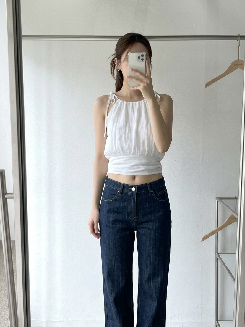 白 棉麻小蠻腰掛脖背心