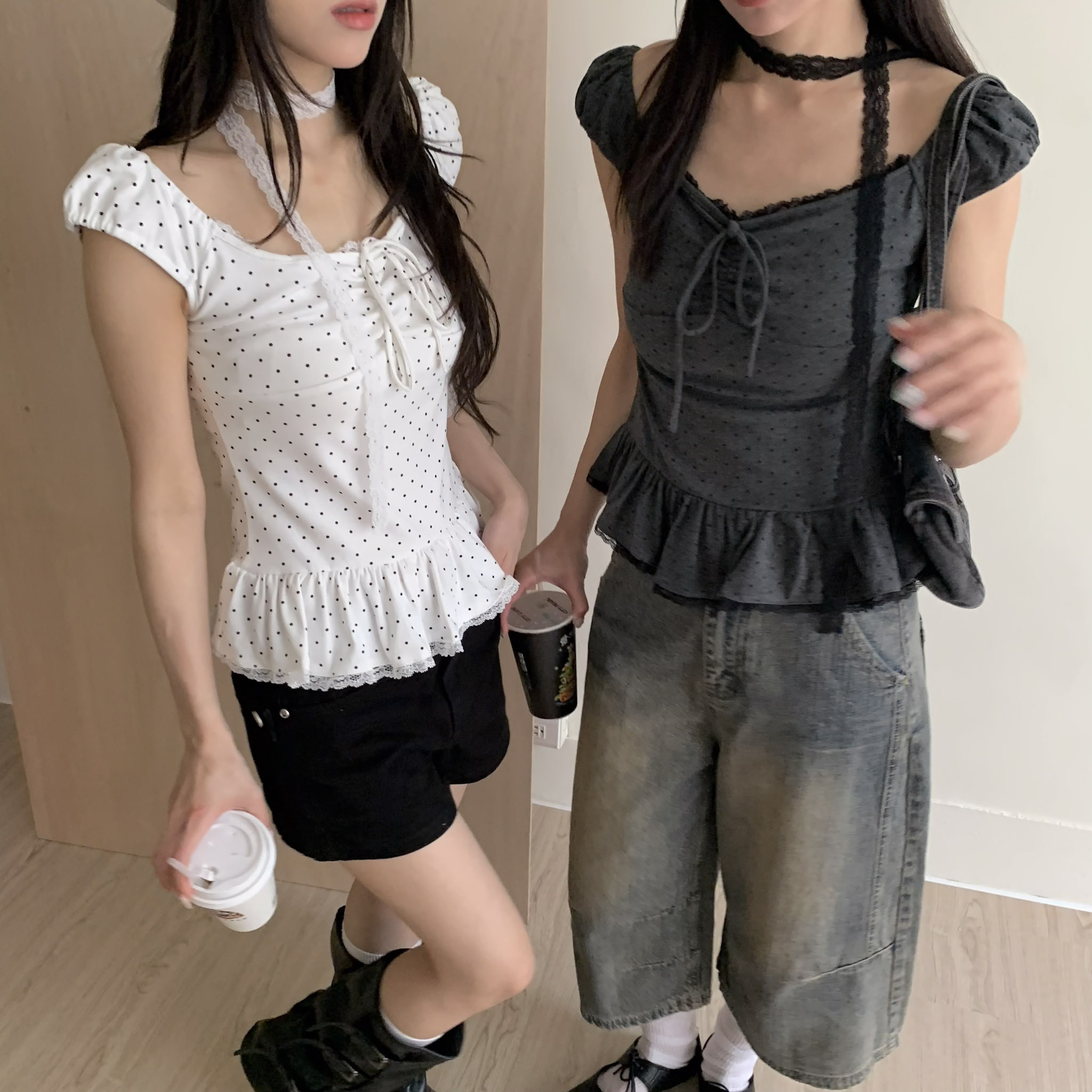 ISA_(附繞脖)doll感小公主 波點蕾絲荷葉擺上衣_64057