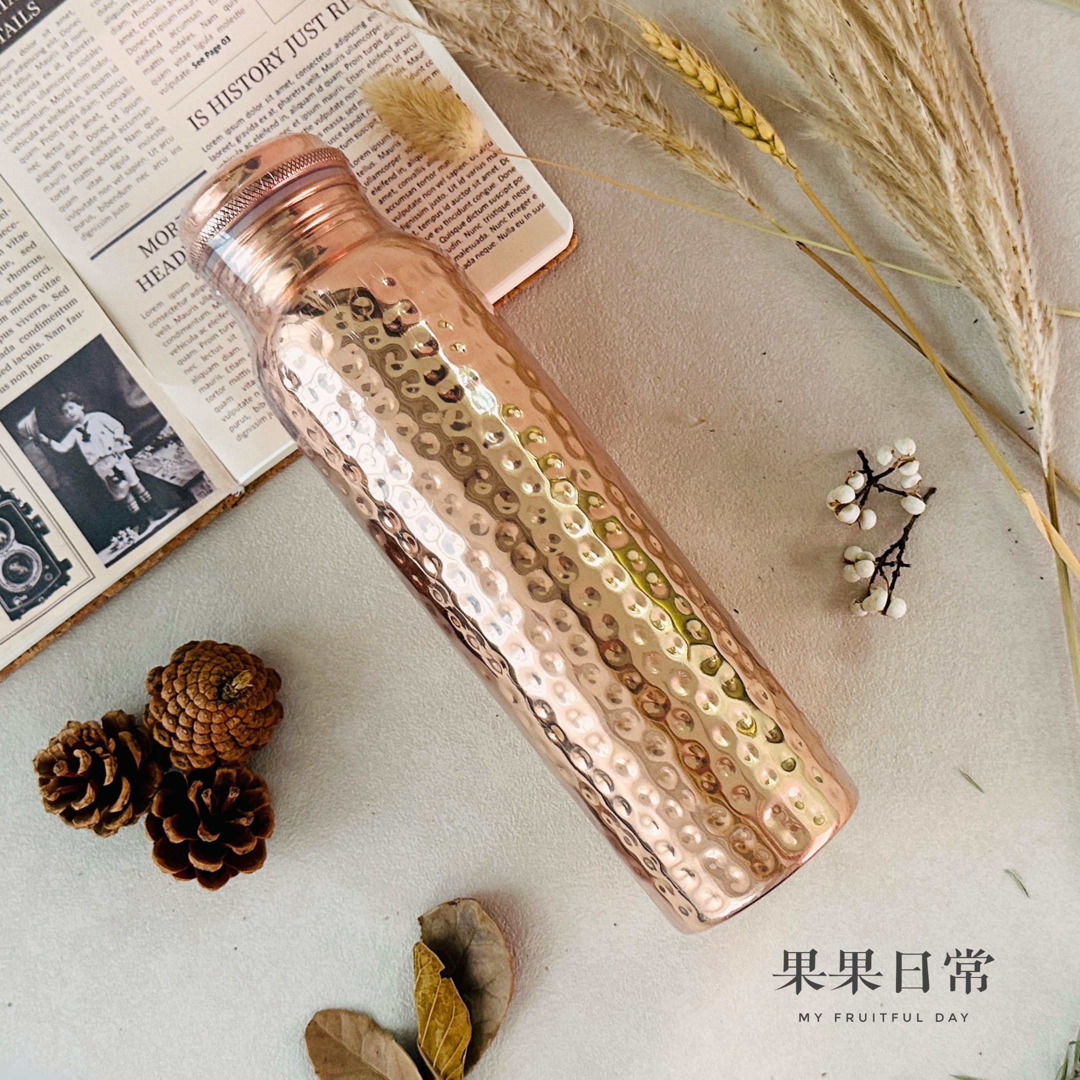 印度純銅水壺 1000ml Indian Pure Copper Bottle 1000ml (Hammered + Aqua Wellness/細點)