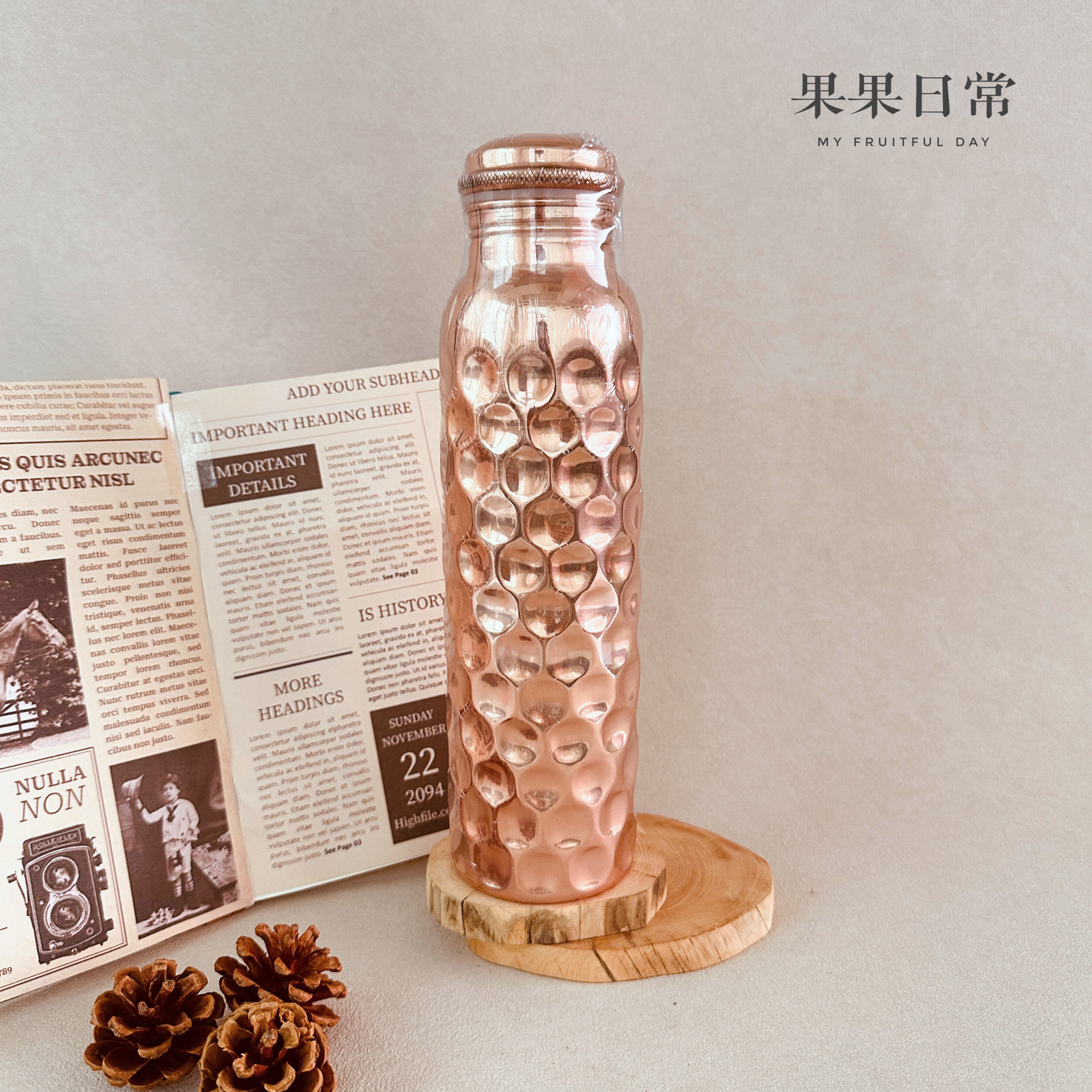 印度純銅水壺 1000ml Indian Pure Copper Bottle 1000ml (Hammered + Aqua Wellness/細點)