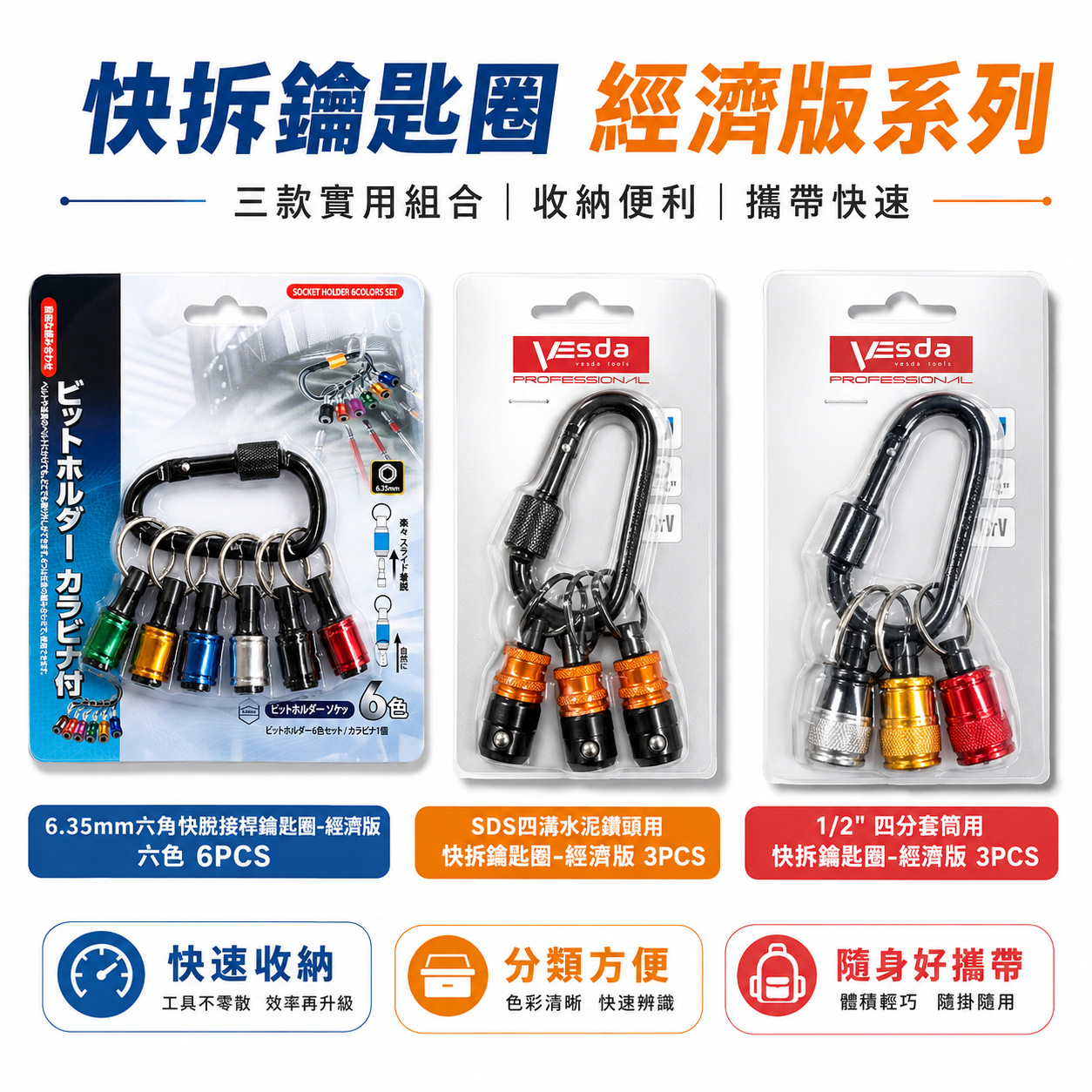 SDS四溝水泥鑽頭用快拆鑰匙圈 3PCS｜1/2" 四分套筒用快拆鑰匙圈 3PCS｜六角快拆鑰匙圈 6PCS｜經濟型-彩色款吊卡裝