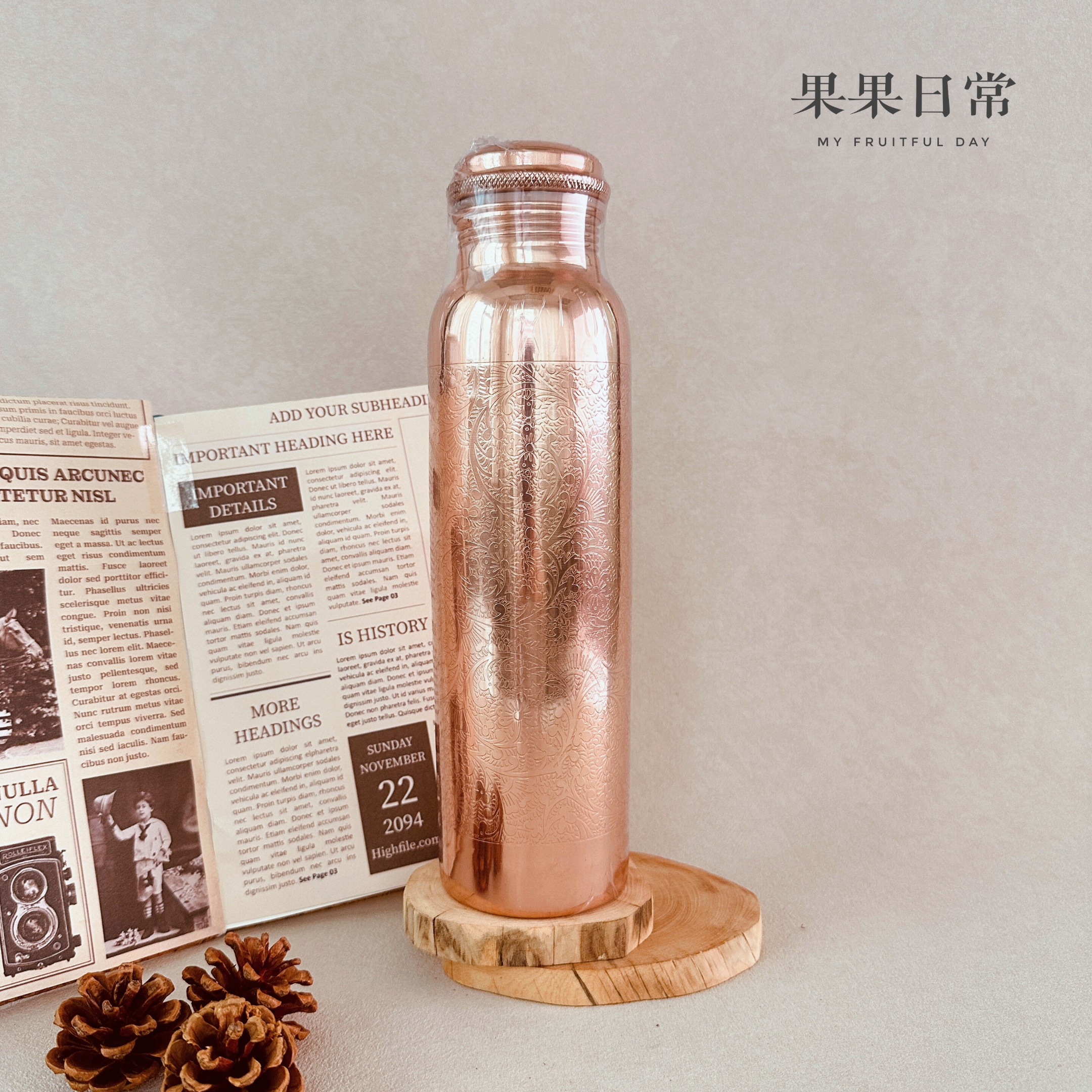 印度純銅水壺 1000ml Indian Pure Copper Bottle 1000ml (Embossed壓花)