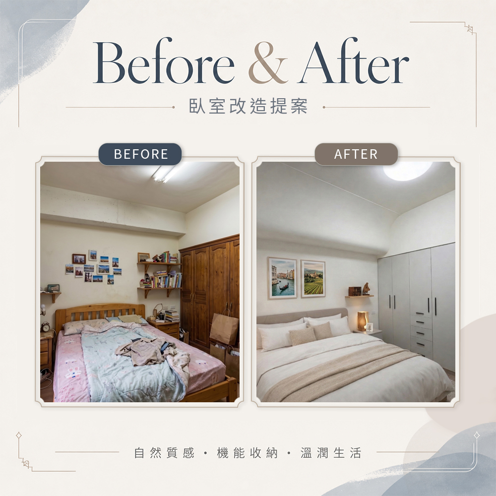 城市家居 Before After 臥室改造提案,展示臥室從雜亂木質床架與收納不足,改造成低彩度衣櫃搭配溫潤寢具的安定睡眠空間