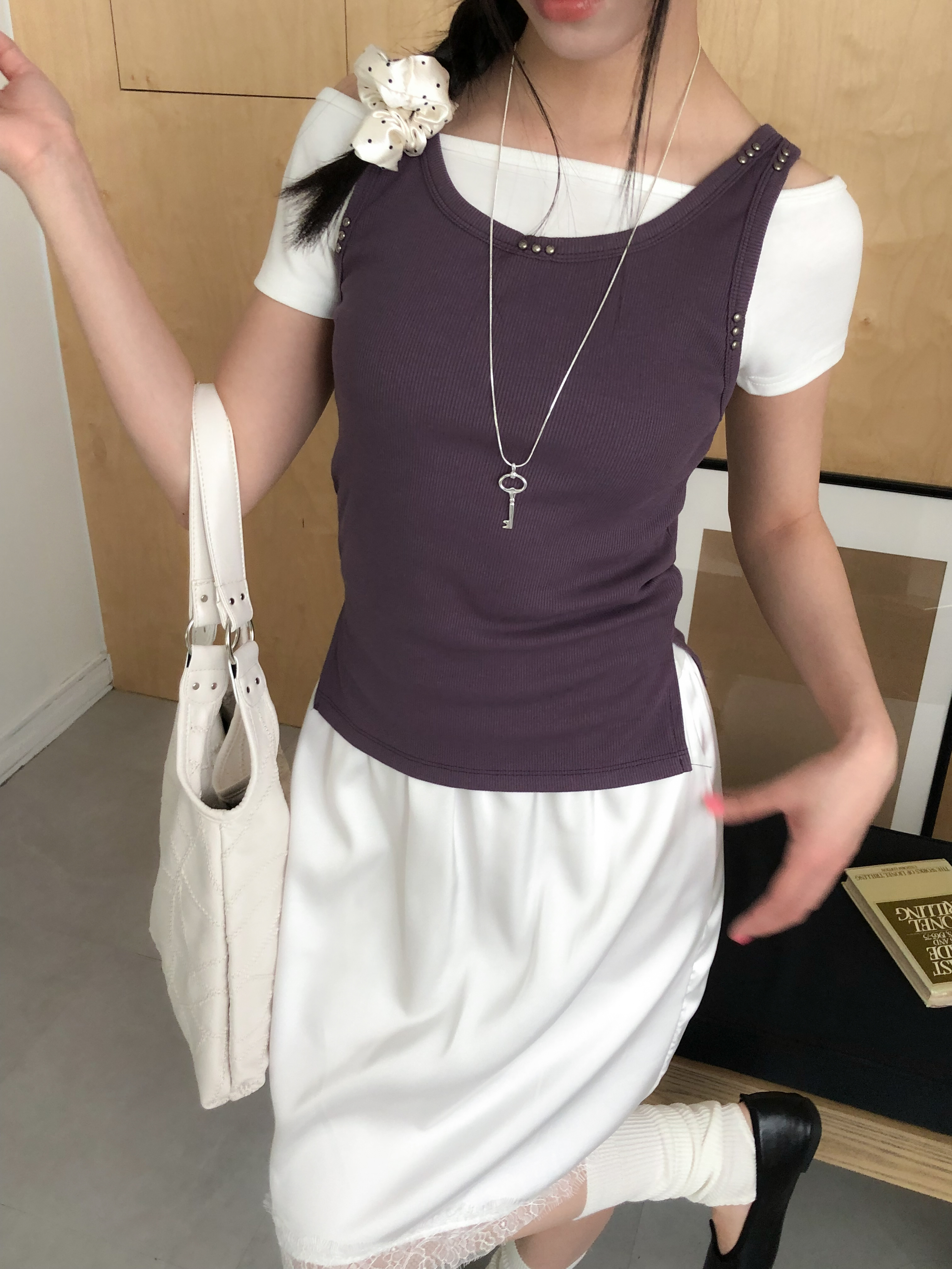 stud ribbed layered tank #背心