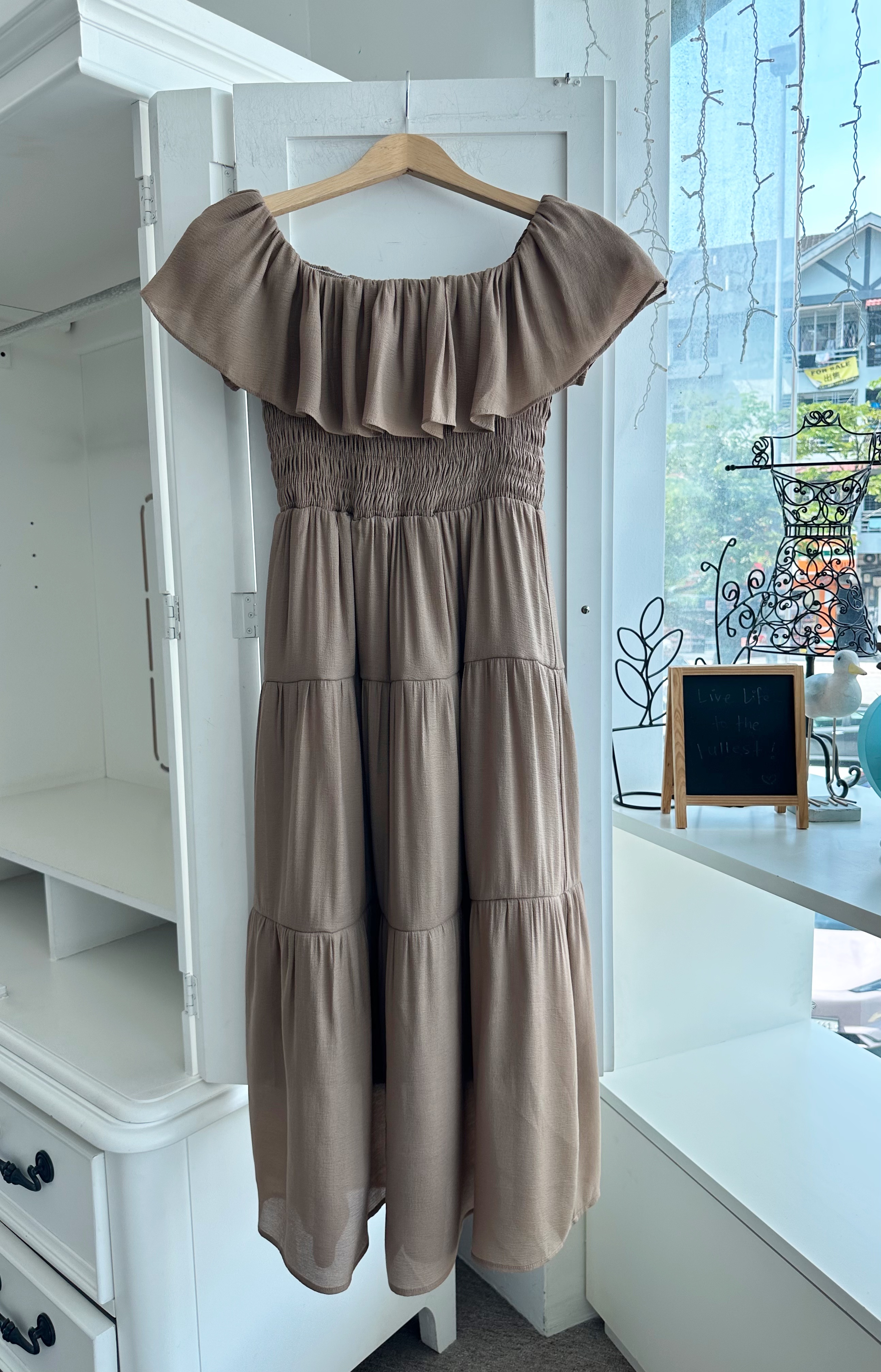 CHIFFON OFF SHOULDER TIERED DRESS