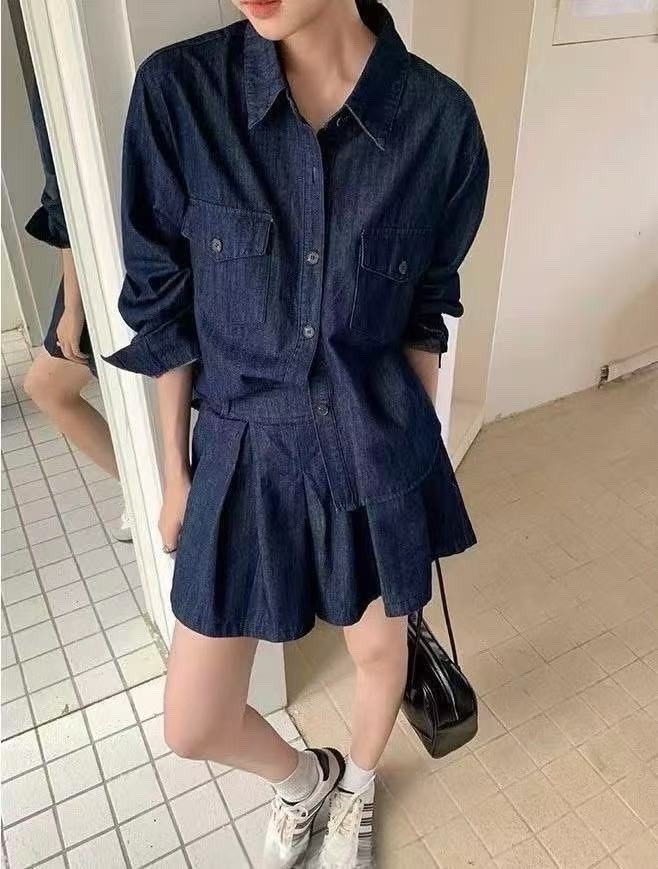 258 牛仔襯衫+百褶A字褲裙套裝