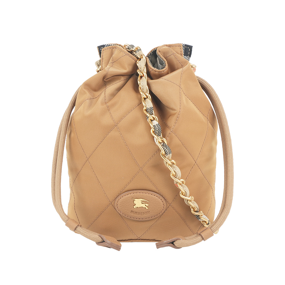 【Burberry】Horseshoe 雙面可用帆布抽繩鍊包(柚木棕)