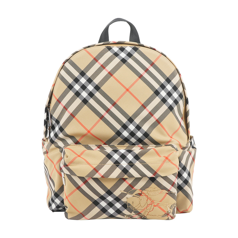 【Burberry】縫線戰馬圖騰經典格紋小型後背包(沙色)