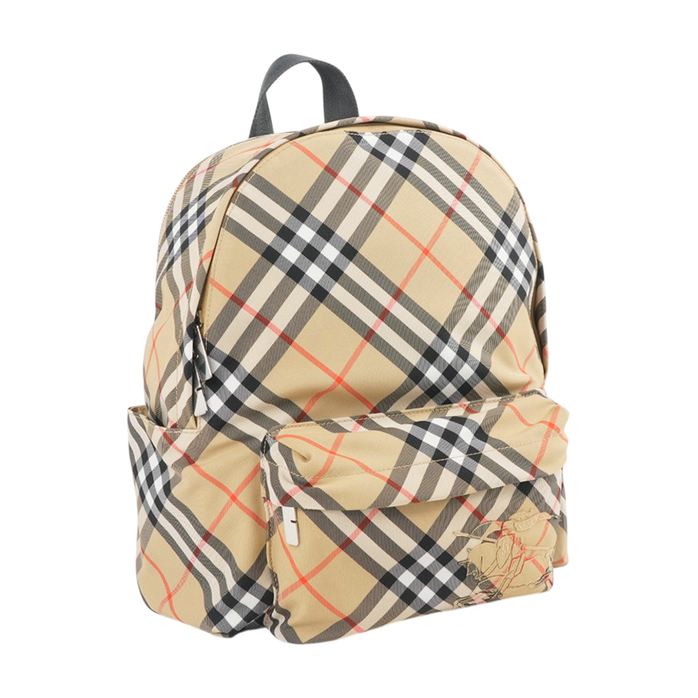 【Burberry】縫線戰馬圖騰經典格紋小型後背包(沙色)