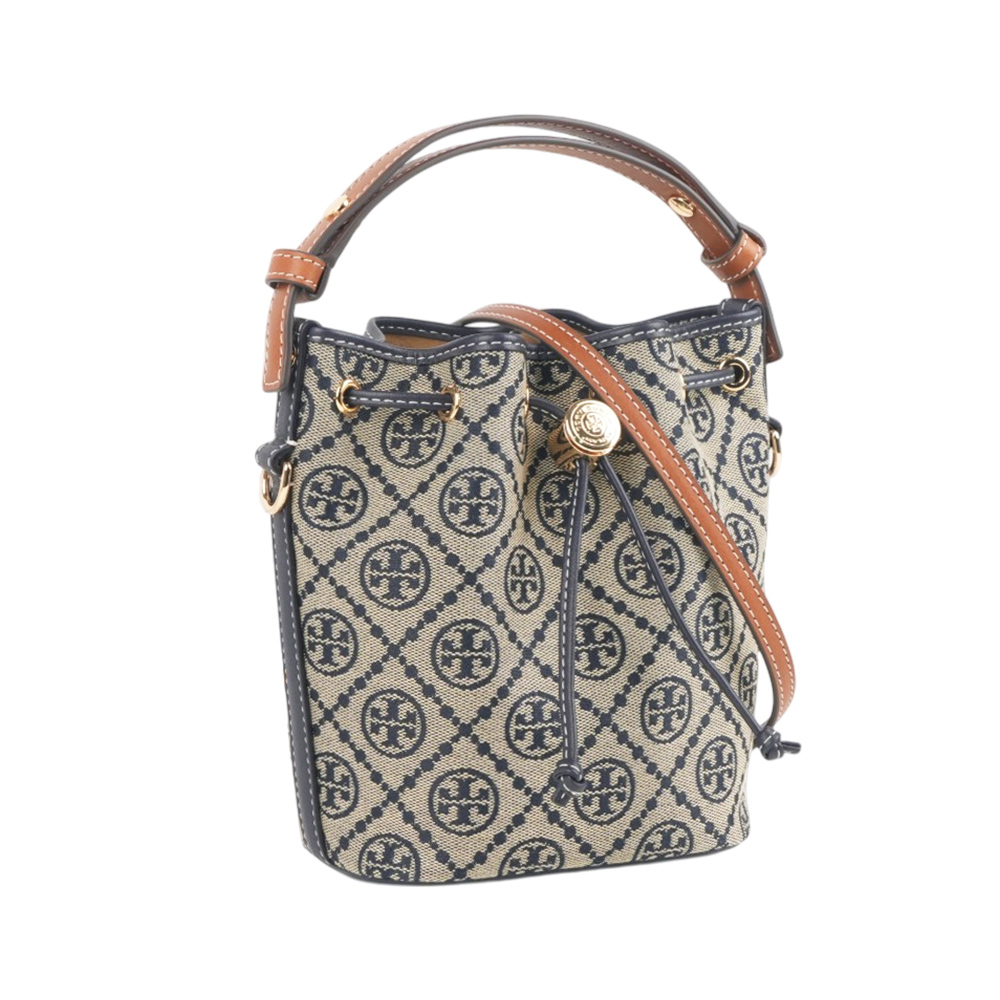 【Tory Burch】T Monogram 經典緹花帆布迷你二用水桶包(海軍藍)