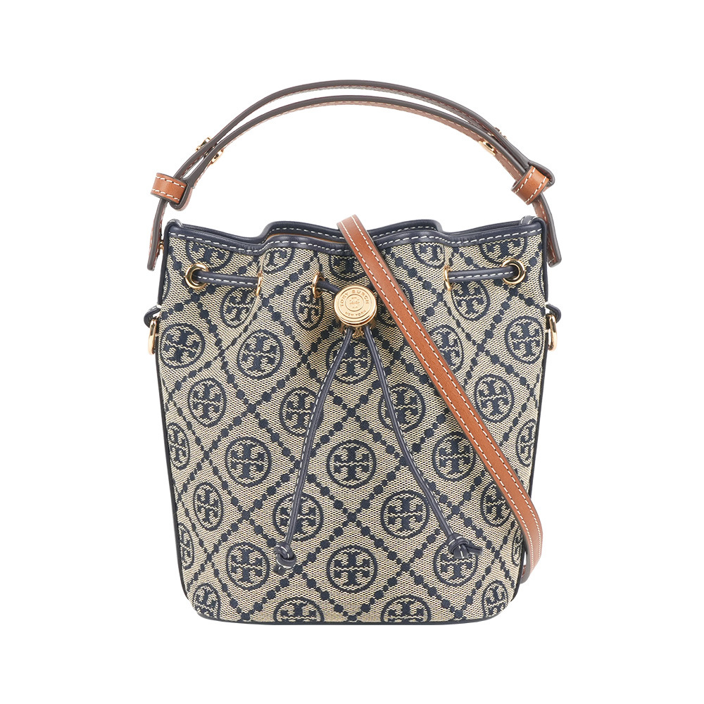 【Tory Burch】T Monogram 經典緹花帆布迷你二用水桶包(海軍藍)