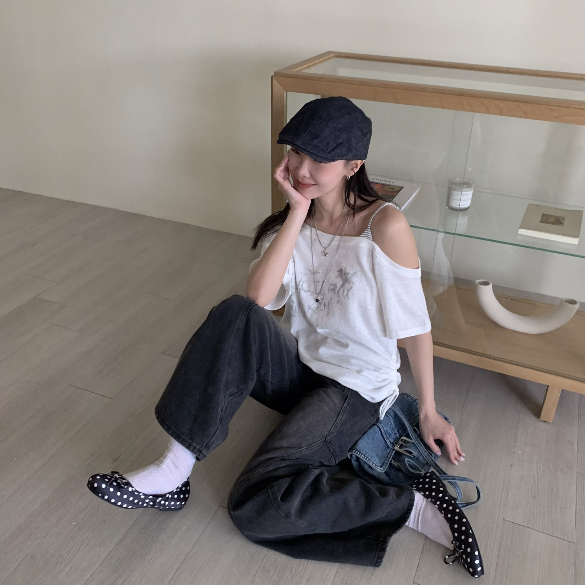 ISA_亞文化vibe 假二件拼接條紋斜肩上衣_63112
