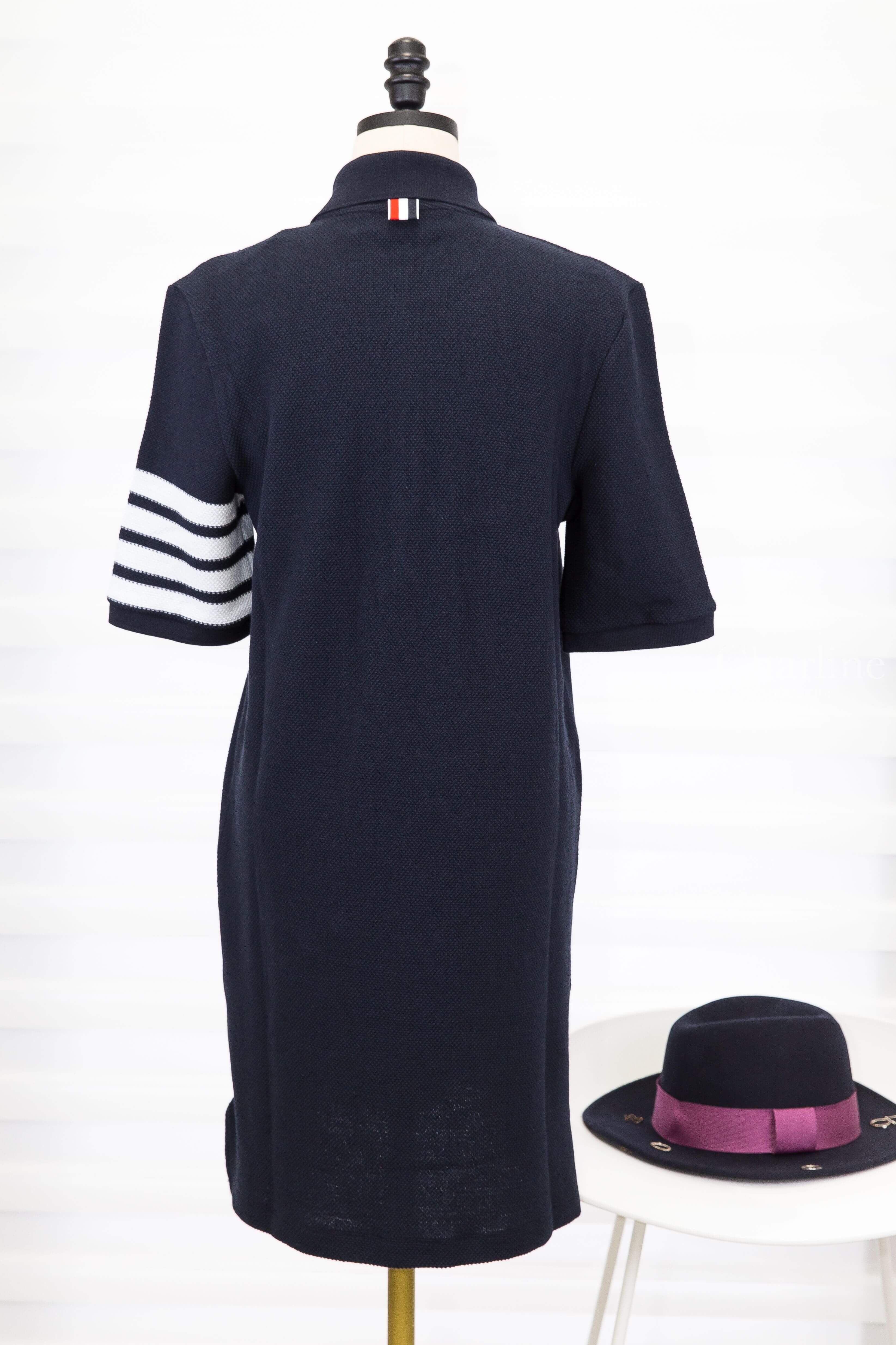 Thom Browne Textured Pique 4-bar Polo Dress 深藍色側邊白色四條橫紋棉質Polo領短袖洋裝-Charline Boutique 精品代購
