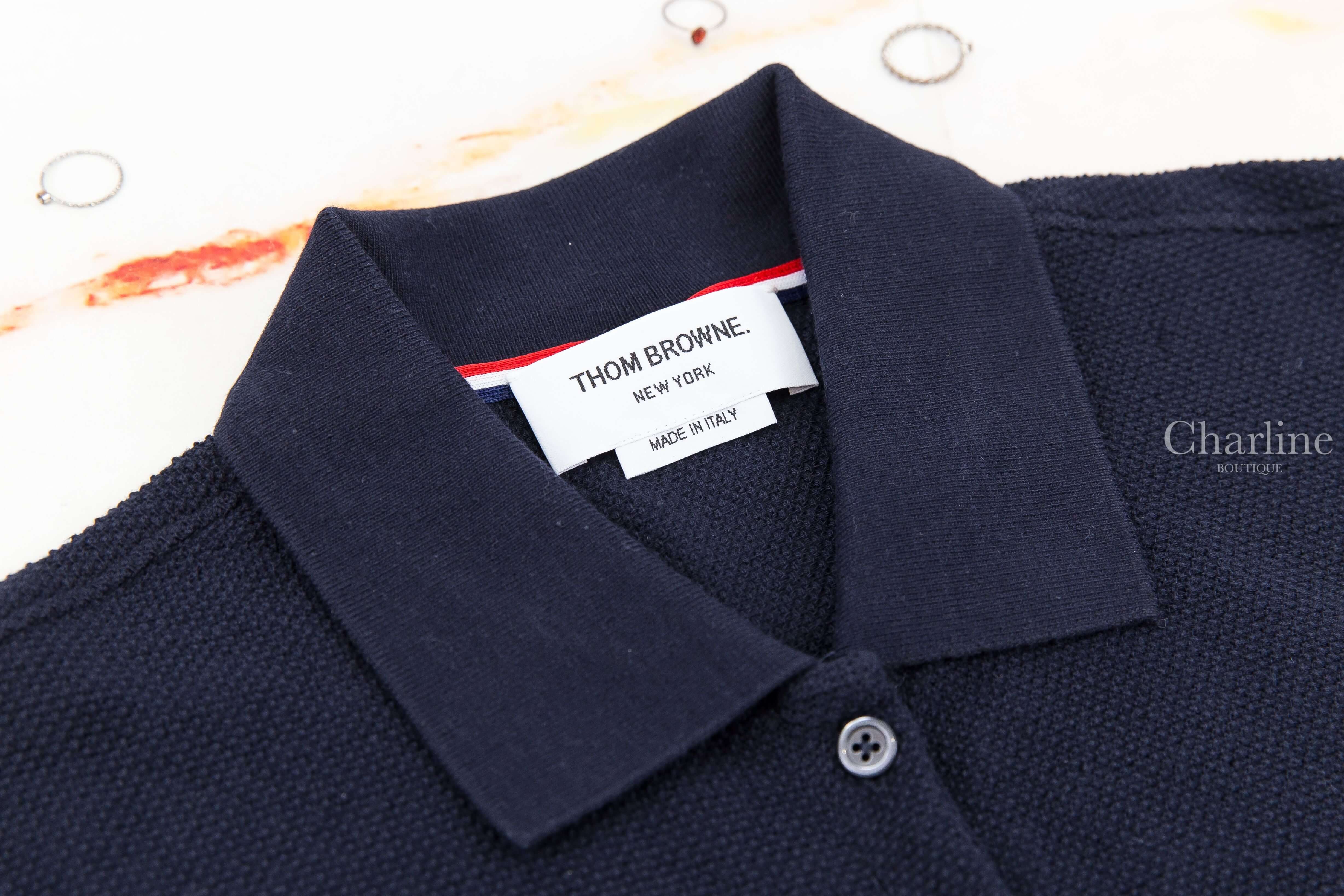 Thom Browne Textured Pique 4-bar Polo Dress 深藍色側邊白色四條橫紋棉質Polo領短袖洋裝