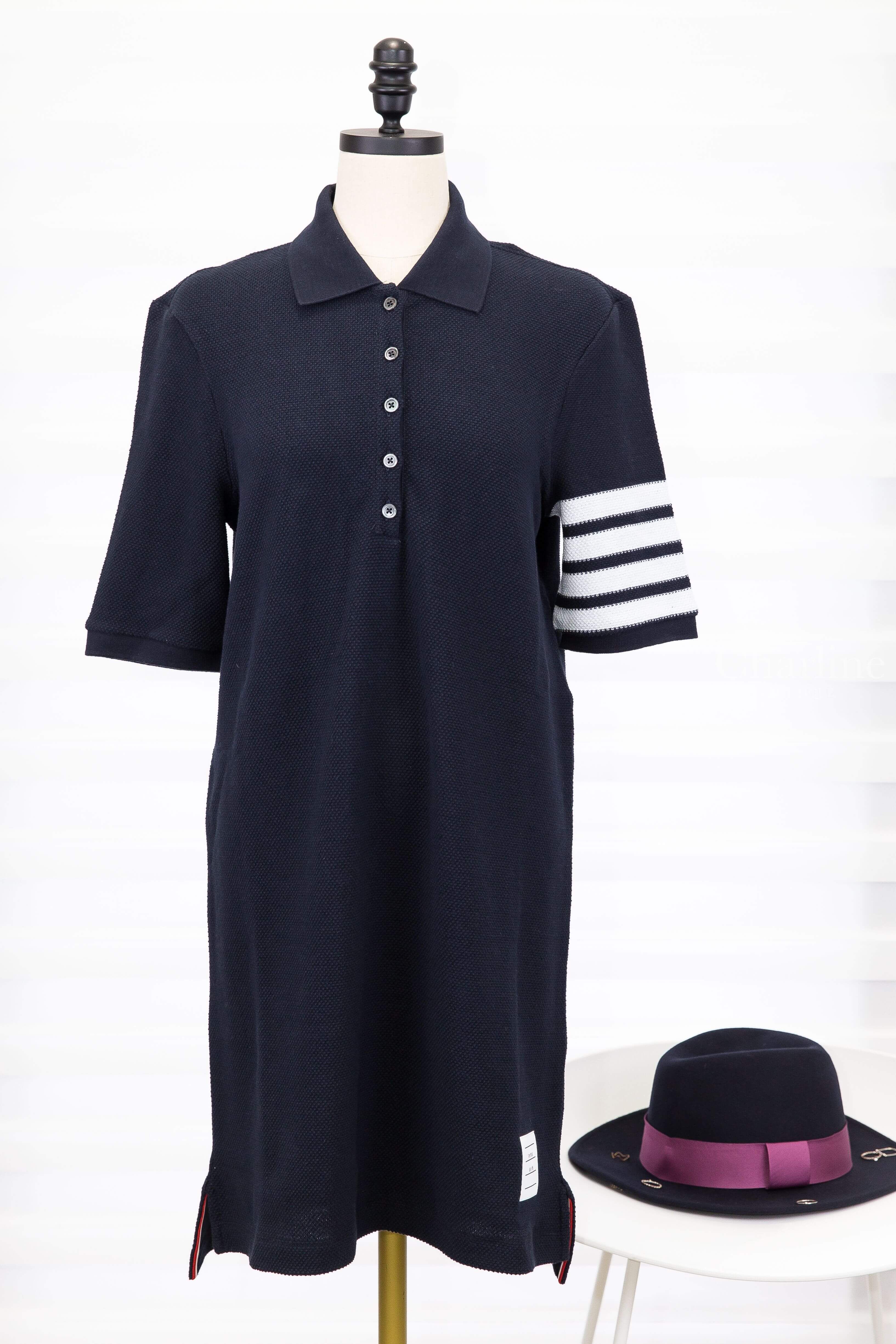 Thom Browne Textured Pique 4-bar Polo Dress 深藍色側邊白色四條橫紋棉質Polo領短袖洋裝