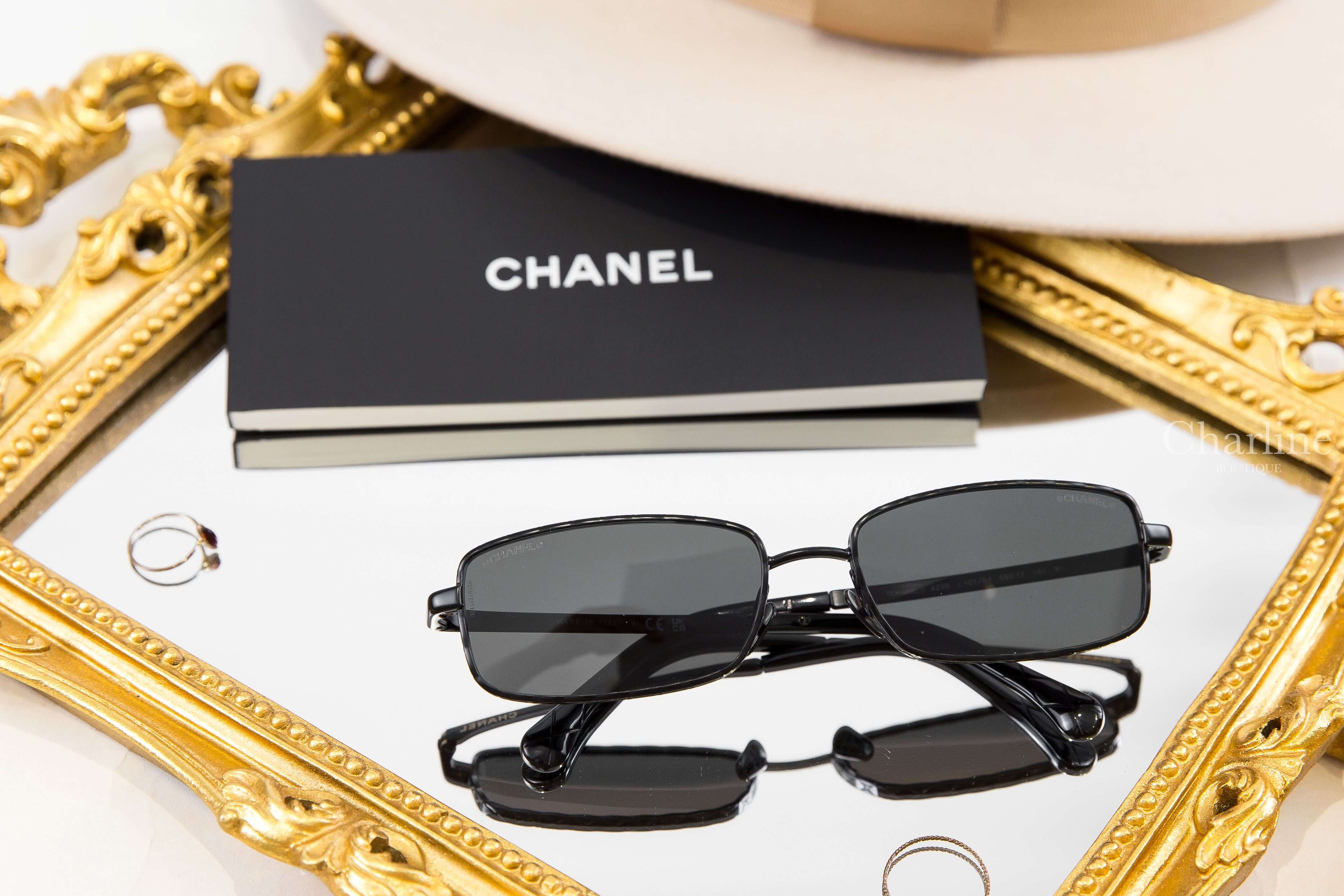 Chanel Rectangle Sunglasses 黑色長方形菱格紋方框黑色鏡片側邊金色字母太陽眼鏡