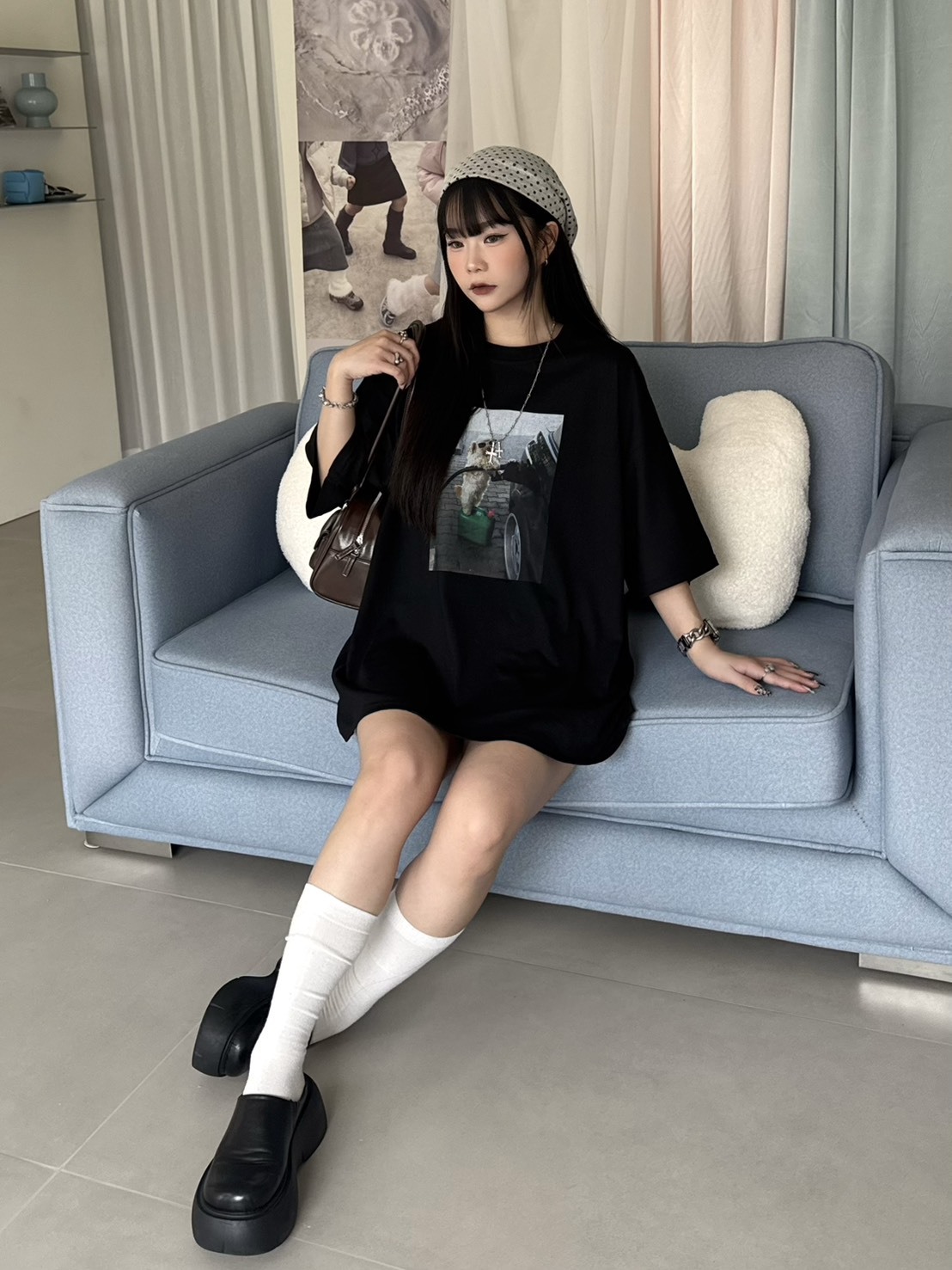 下一站where? 拉風小狗軟料寬鬆大tee