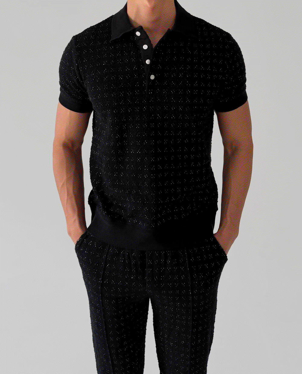 Metallic tweed collar short-sleeved T-shirt