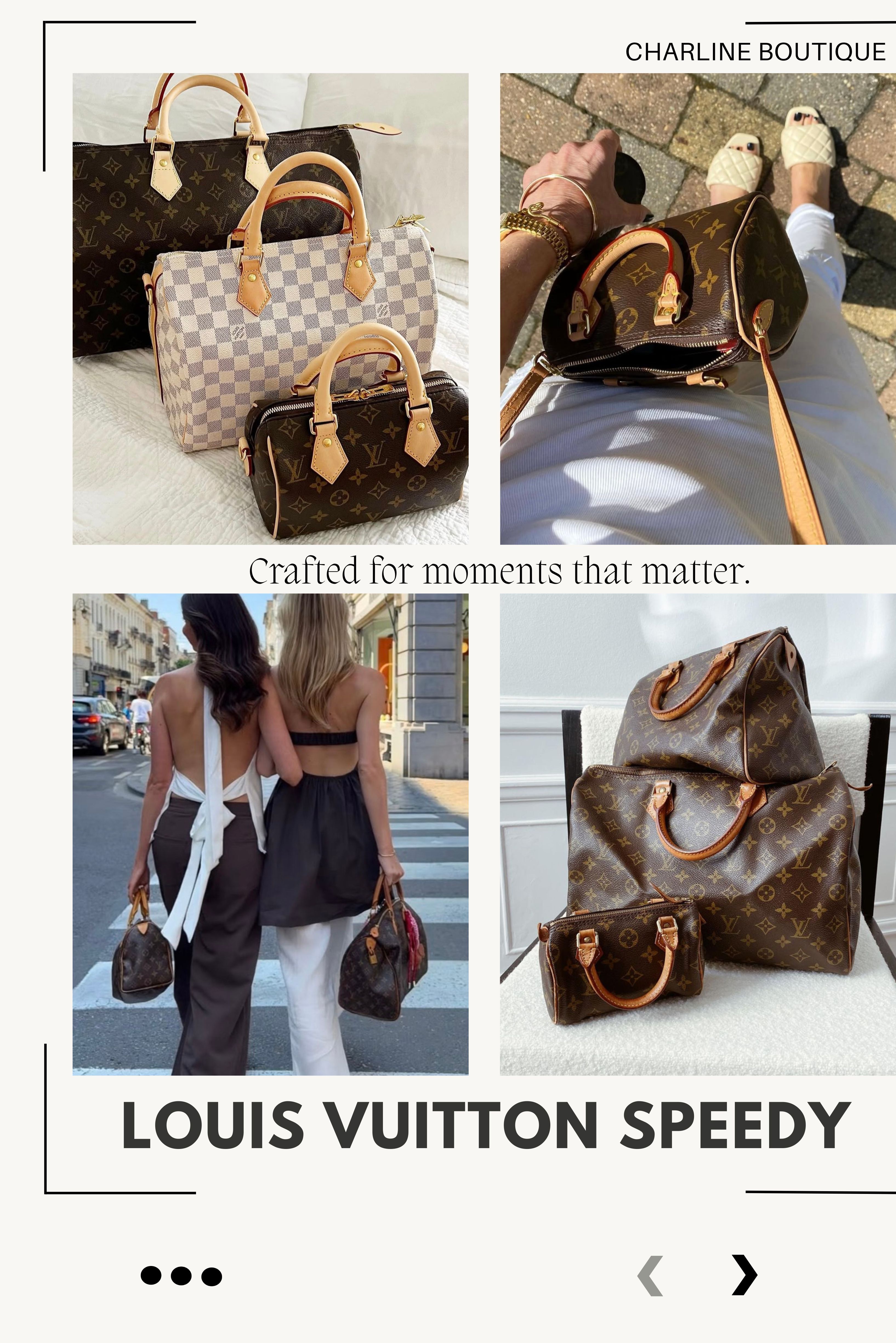 LV Speedy 最常被問的 10 個問題，一次回答清楚  Q1：第一顆 LV Speedy 該選哪個尺寸？  A：不想後悔的話，就在 Speedy 20 跟 Speedy 25 之間選。  喜歡現在流行的精緻小包感，寬肩帶搭起來也更年輕休閒，選 20；喜歡經典耐看、容量夠用、不太受流行影響，選 25。這兩個尺寸是目前最保值、最多人入坑第一顆就選它的選擇。    Q2：男生背 LV Speedy 合適嗎？  A：合適到不行，而且是越來越多人在背。  35 和 40 本身就有旅行袋的輪廓，男生背起來自然帥氣；Nano 和 20 現在也有不少男生會斜背，走精緻街頭感。材質上推薦 Monogram Macassar、Epi 皮革或深色帆布款，整體更成熟低調，比經典咖色老花更有中性氛圍。  重點不是「能不能背」，而是「尺寸跟配色怎麼選」——只要比例對了，Speedy 其實非常有個人特色。    Q3：LV Speedy 哪個材質最耐用？  A：耐用度排第一的是 Epi 水波紋皮革，壓紋牛皮製成，抗刮、耐磨、防潑水，材質硬挺，日常高頻率使用也幾乎不留明顯痕跡，下雨天也不用惶恐。  其次是大家最熟悉的 Monogram 老花帆布和 Damier 棋盤格帆布，雖然不是真皮，但防水、輕盈、超耐用，很多人背了十幾年還是狀態很好。  唯一要注意的是老花款的原色植鞣革手把比較怕水，容易氧化，平時可以用手把套保護一下。包身本體其實相當耐操，主要是手把需要多花點心思保養。    Q4：CELINE Small Boston 跟 LV Speedy 20 到底怎麼選？  A：這真的是好多人糾結的問題，但其實兩顆的風格氣質差蠻多的。  CELINE Small Boston 偏法式復古、簡約文青，Triomphe 老花搭配深棕皮革邊飾，看起來低調有質感，包身硬挺立體，裝滿東西也不容易變形，很適合搭俐落穿搭。  LV Speedy 20 則是更偏經典休閒路線，包身相對柔軟，有一種自然隨性的生活感，而且款式選擇多，從 Monogram 老花到 Empreinte 壓紋皮革都有，越往精緻成熟方向走，就越有不同的氣質。  喜歡低調法式感、不想太常撞包，選 CELINE；想要經典辨識度、耐用性跟品牌歷史感，Speedy 20 是更穩的選擇。    Q5：Dior Groove 跟 LV Speedy 哪個值得買？  A：這兩顆各有各的優點，但給的感覺完全不一樣。  Speedy 的強項是「天天背都不心疼」的實用經典感，尤其 Speedy 20 近年熱度回歸，容量、輕盈度跟搭配性都很強，休閒穿搭幾乎不太出錯。  Dior Groove 則更精緻、有設計感，包身更挺，搭西裝外套或洋裝時特別好看，適合不想在街上一直撞包、想要更有造型感的穿搭型包款。  想找耐看、實用、不退流行，選 Speedy；想找精緻時尚感、相對少見，Dior Groove 也很值得。    Q6：波士頓包跟保齡球包是同一種嗎？  A：很多人搞混，但細節其實差蠻多的。  波士頓包 Boston Bag 通常比較硬挺立體，底部偏寬的長方形輪廓，帶點旅行感跟成熟氛圍，LV Speedy 和 CELINE Boston 都是很典型的代表。  保齡球包 Bowling Bag 則更圓潤、包身偏軟，整體有種慵懶的「枕頭感」與復古 Y2K 韻味，Miu Miu Arcadie 這類款式讓它近年重新被大家注意。  波士頓包偏俐落、有通勤旅行感；保齡球包偏圓潤慵懶、韓系復古味。現在很多人會把兩種名稱混著用，但如果你喜歡經典耐用、偏實用，Boston Bag 會更符合需求。    Q7：LV 最推薦買哪個經典包？  A：第一次入手 LV，選擇最多、最不容易踩雷的還是 Speedy、Neverfull 和 Alma BB 這三款。  Speedy 是萬能的入門首選，老花耐磨耐用，附肩帶款更實用；Neverfull MM 是大容量代表，通勤旅行都非常方便；Alma BB 包型優雅硬挺，喜歡氣質感的人很難抗拒。  近年熱度很高的還有 Pochette Métis、Multi Pochette、Néonoé、Carryall PM、Diane 和 Loop，分別走實用收納、街頭時髦、水桶包、現代托特包到復古腋下包路線，選擇真的很多。  不知道從哪裡開始？想要最經典不後悔，選 Speedy；重視容量跟實用，選 Neverfull；喜歡優雅精緻感，選 Alma BB。材質的話，Monogram 老花帆布依然是最推薦——輕盈、耐磨、防水，也最有品牌辨識度。    Q8：LV 男包入門推薦哪款？  A：以「經典、耐看、實用」來說，Keepall Bandoulière 仍然是最多男生入坑的第一顆。  Keepall 50 或 55 容量大、耐用，搭 Oversize、球鞋跟街頭風穿搭非常自然，就算是第一次接觸精品包的人，背起來也不會有壓迫感。  機能感強、需要通勤包的人，Christopher 後背包很適合，容量夠大、兼具帥氣和實用性。喜歡小包、走精品街頭路線，Mini Soft Trunk 是這幾年最紅的箱型包，輪廓硬挺、辨識度很高。  另外 City Keepall、Trio Messenger 和 Speedy P9 也都是近年熱門選擇。材質推薦 Monogram Eclipse 黑花、Monogram Macassar 或深色皮革款，比經典咖色老花更低調成熟。    Q9：什麼是「精品老花」？  A：老花其實就是品牌把自家 Logo、字母或圖騰，以重複排列的方式設計成滿版印花，也常叫做 Monogram 或 Signature Pattern。  最經典的像是 Louis Vuitton Monogram 老花、Dior Oblique、Gucci GG Supreme、Fendi FF、Goyard Y 字印花，還有 CELINE Triomphe 凱旋門老花。  「老花」這個說法，不是因為老氣，而是因為圖案屬於重複花紋設計，跟年紀完全沒關係。它最大的優點是品牌辨識度高、承載品牌歷史、耐磨耐用，二手市場的保值性也相對穩定——像 LV Monogram 誕生於 1896 年，超過一百年依然流行，這本身就說明一切。  近年 Y2K 和 Vintage 風潮帶動下，老花包反而越來越年輕化，搭球鞋、牛仔褲、街頭穿搭，整體更有復古時髦感。    Q10：2026 年還流行波士頓包嗎？現在流行什麼包型？  A：波士頓包當然還在流行，但整體風格走向有微妙的轉變。  除了波士頓包，2026 很熱門的包型還有 Long Shoulder Bag 長柄單肩包、Hobo Bag 流浪包、大型水桶包、硬挺梯形包，還有大容量的 Slouchy Tote 鬆弛感托特包。  現在的流行方向很明顯——大家越來越愛大容量、低 Logo 感、帶點鬆弛慵懶輪廓的款式，Quiet Luxury 風格依然在延續。Long Shoulder Bag 特別紅，肩帶更長、包身更貼身，自然垂墜下去的慵懶感很吸引人，CHANEL、Prada、LV 近期都有推出類似設計。  不過像 Speedy 這種經典包款，永遠都在潮流之內，只是搭配方式變得更隨意、更生活化了。