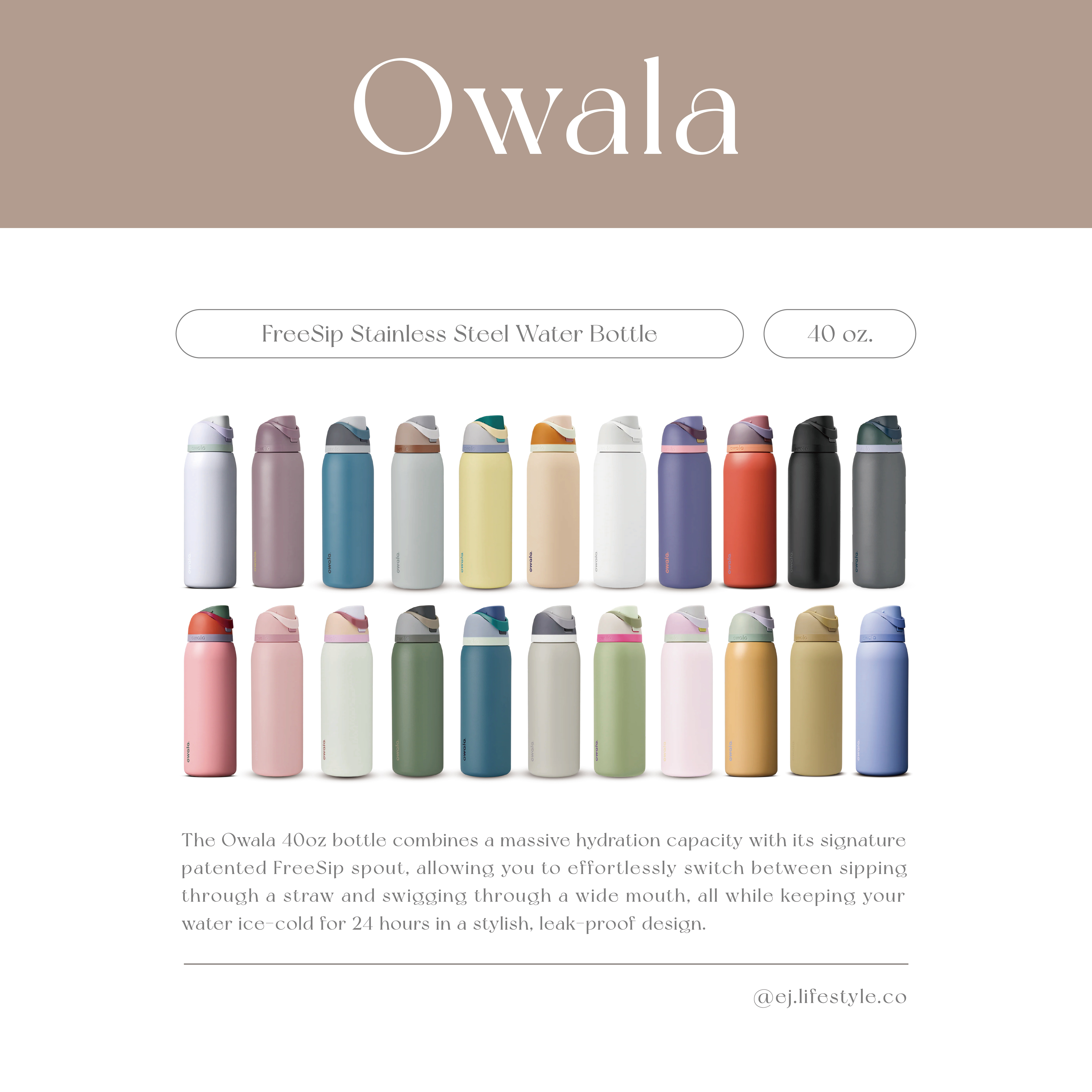 🇺🇸 OWALA FreeSip Stainless Steel Water Bottle 撞色 不鏽鋼保溫杯 直飲杯 吸管杯 40oz 1183ml / 預購