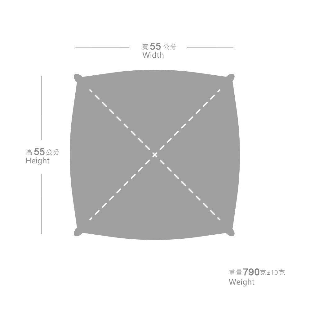 枕芯式抱枕規格圖：寬 55 公分 Width、高 55 公分 Height、重量 790 克±10克 Weight。