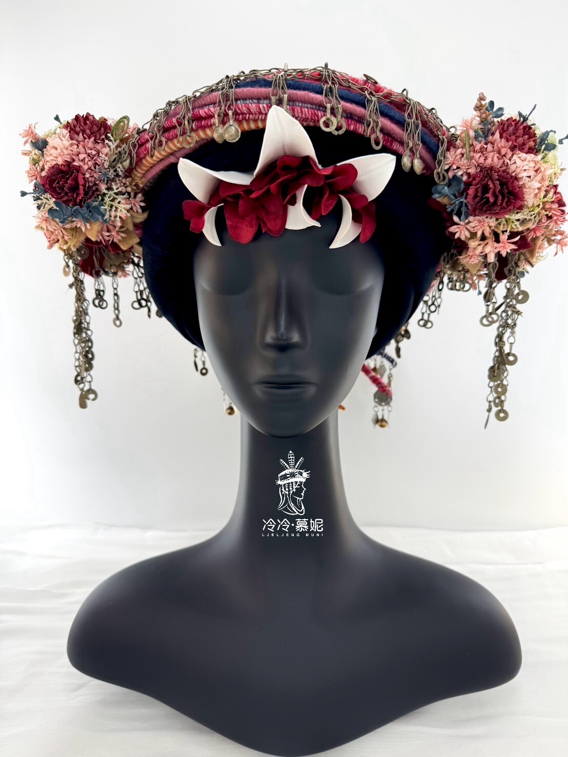 W-No.9毛線配花阿富汗老銀頭飾一組含額花 55-60cm