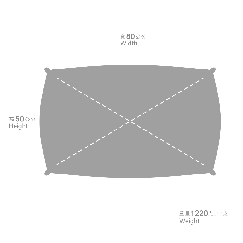 寬 80 公分 Width、高 50 公分 Height、重量1220 克±10克 Weight。