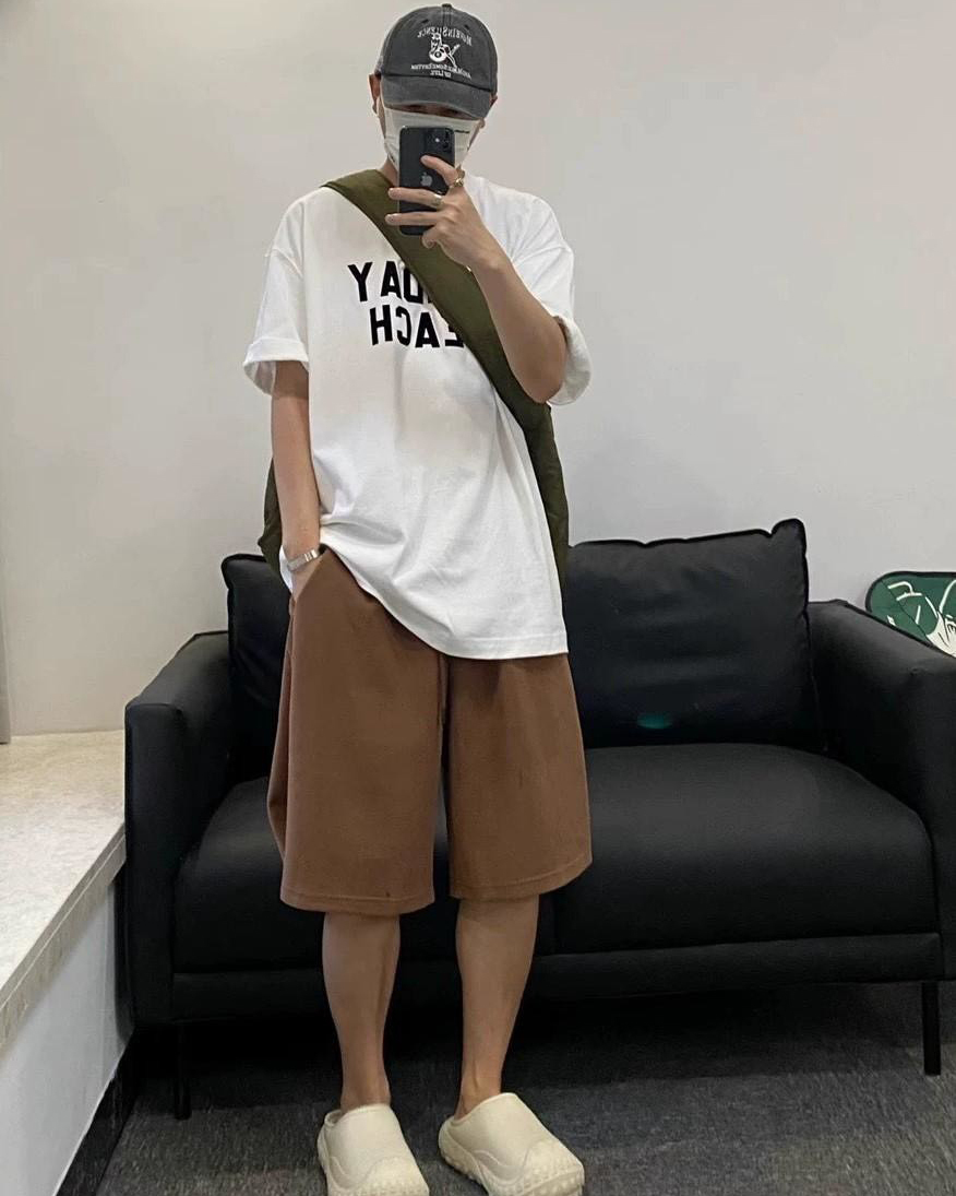 #95894 韓國涼感棉打褶六分褲 焦糖 男生穿搭照