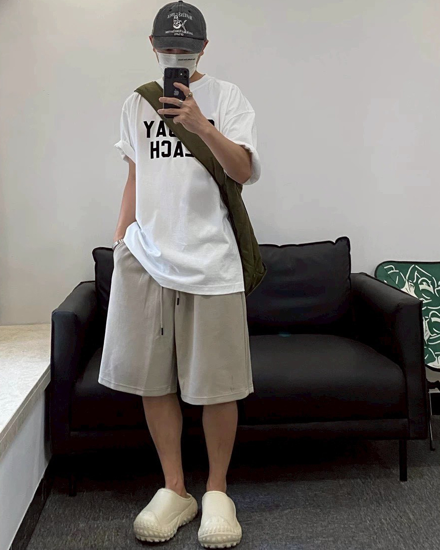 #95894 韓國涼感棉打褶六分褲 杏色 男生穿搭照