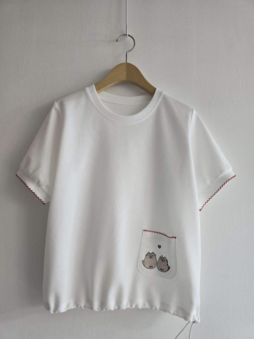 韓系減齡休閒穿搭★可愛貓咪刺繡抽繩棉T