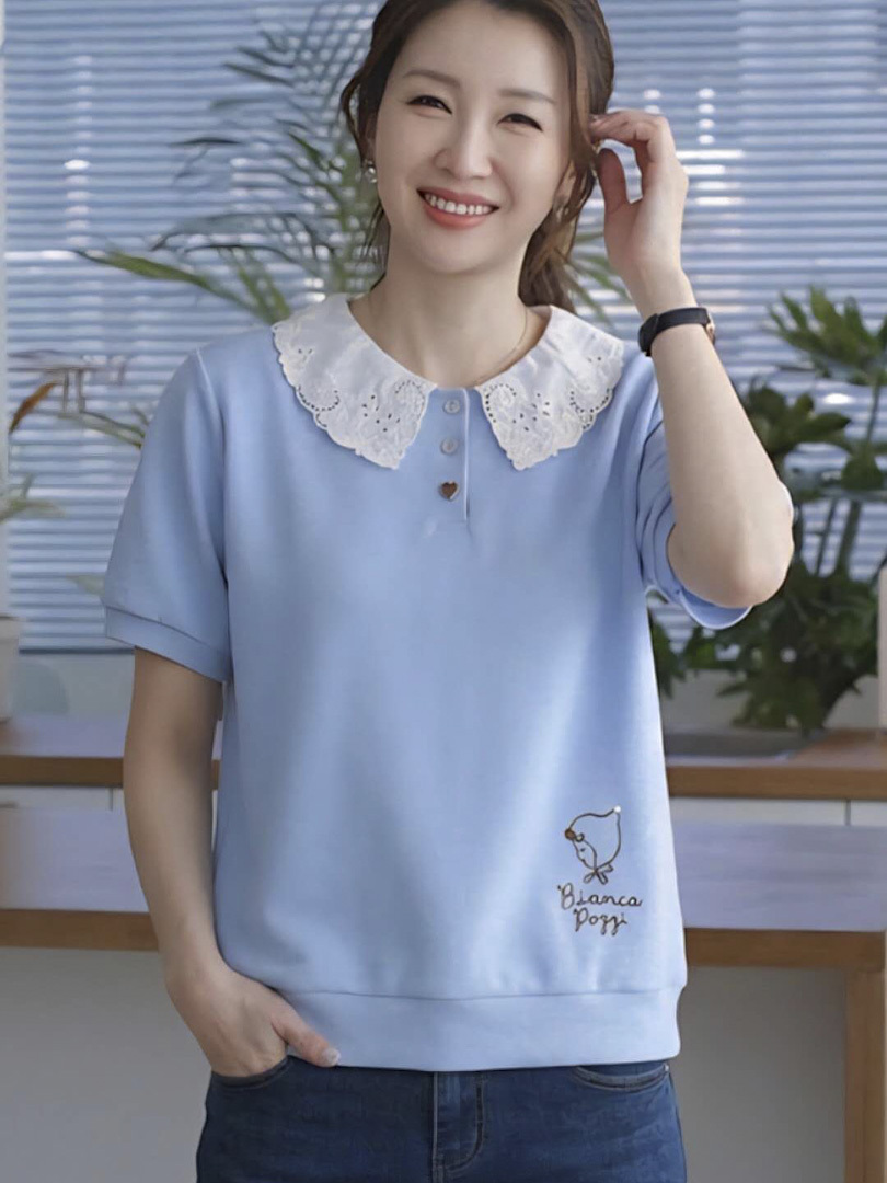 氣質甜美穿搭★減齡蕾絲娃娃領短袖上衣
