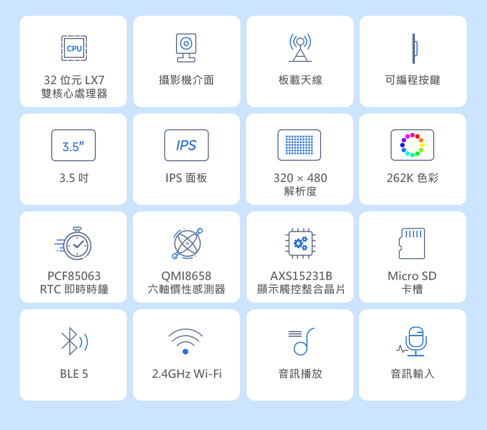 ESP32-S3 3.5吋 IPS 262K LCD 觸控螢幕開發板,商品特徵