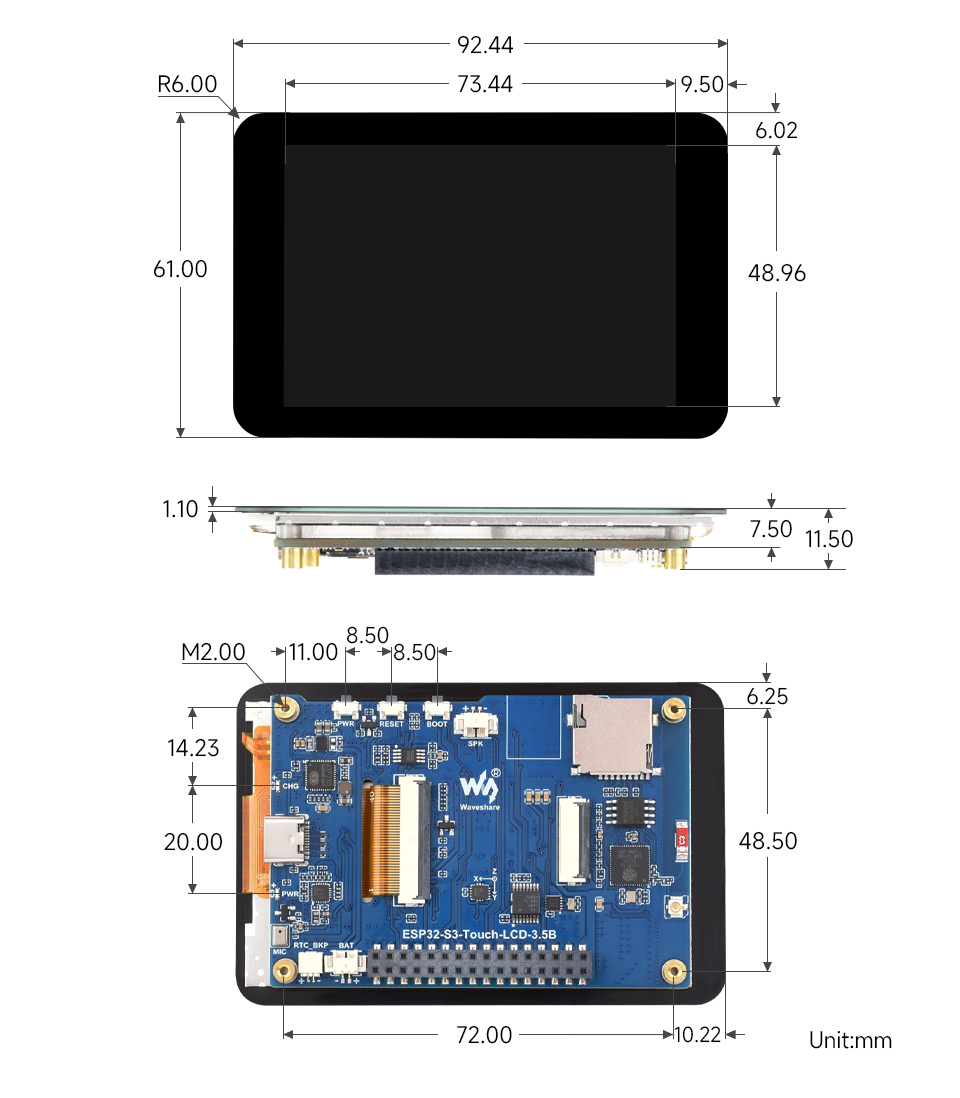 ESP32-S3 3.5吋 IPS 262K LCD 觸控螢幕開發板,不帶殼尺寸