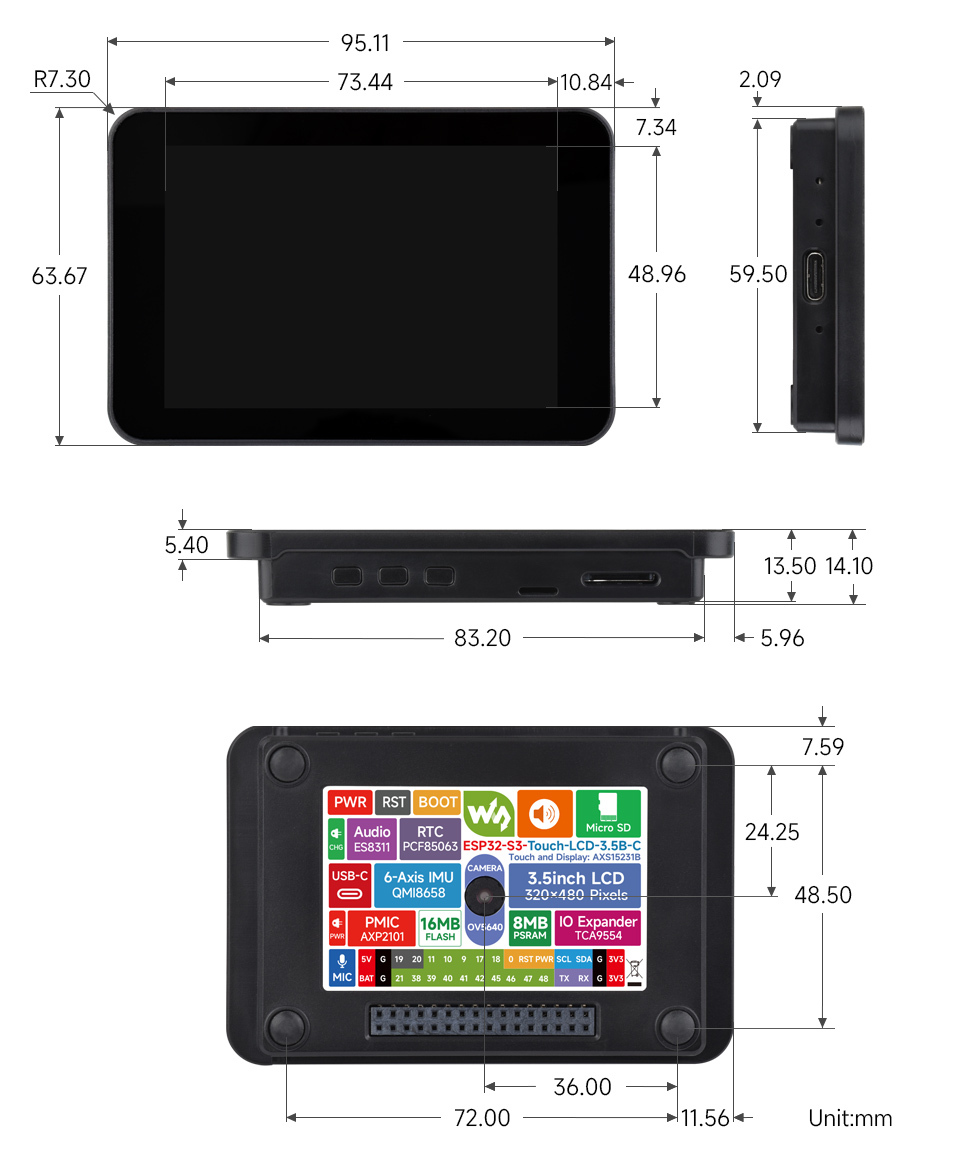 ESP32-S3 3.5吋 IPS 262K LCD 觸控螢幕開發板,帶外殼尺寸