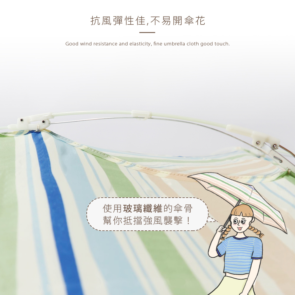 抗風彈性佳,不易開傘花 Good wind resistance and elasticity, fine umbrella cloth good touch. 使用玻璃纖維的傘骨幫你抵擋強風襲擊！配搭模特兒穿搭示意圖