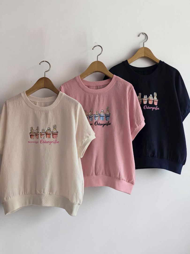 韓系氣質甜美穿搭系列★兔兔刺繡短袖上衣