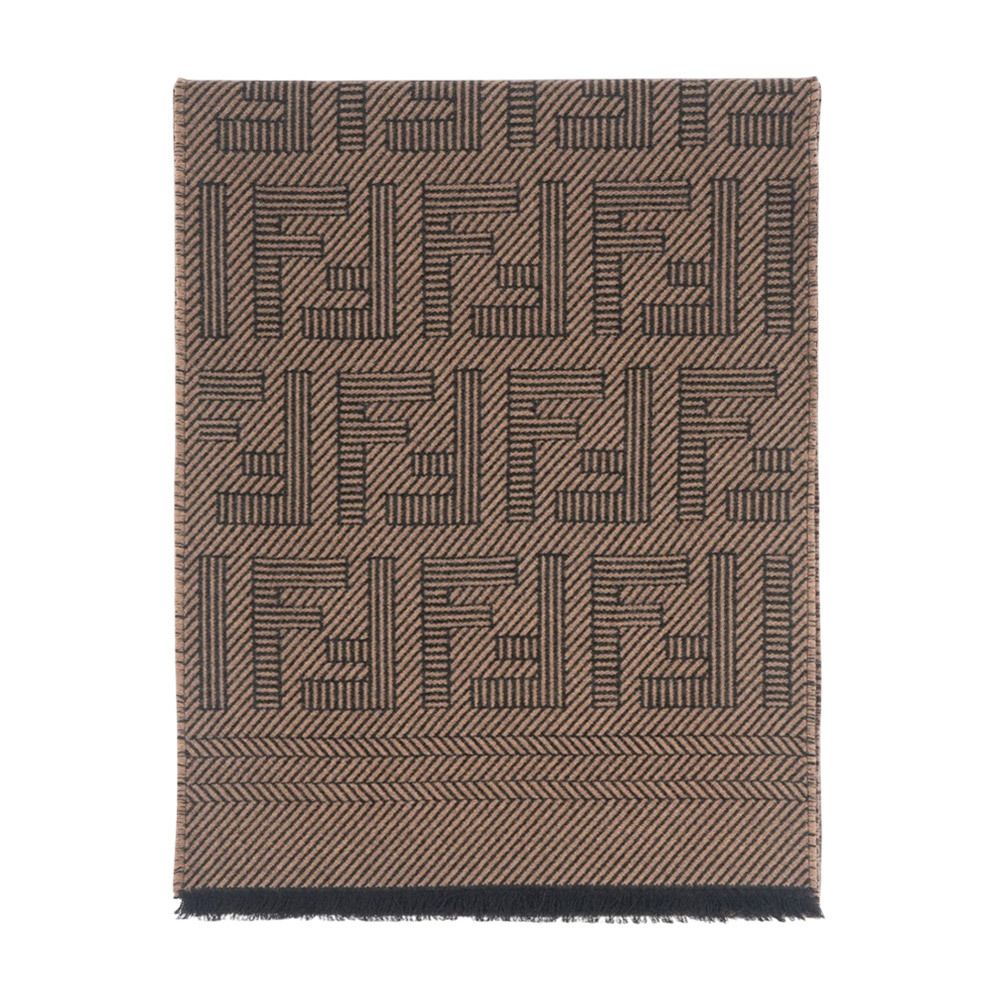 【Fendi】FF Logo 刺繡羊毛混絲圍巾(棕色)