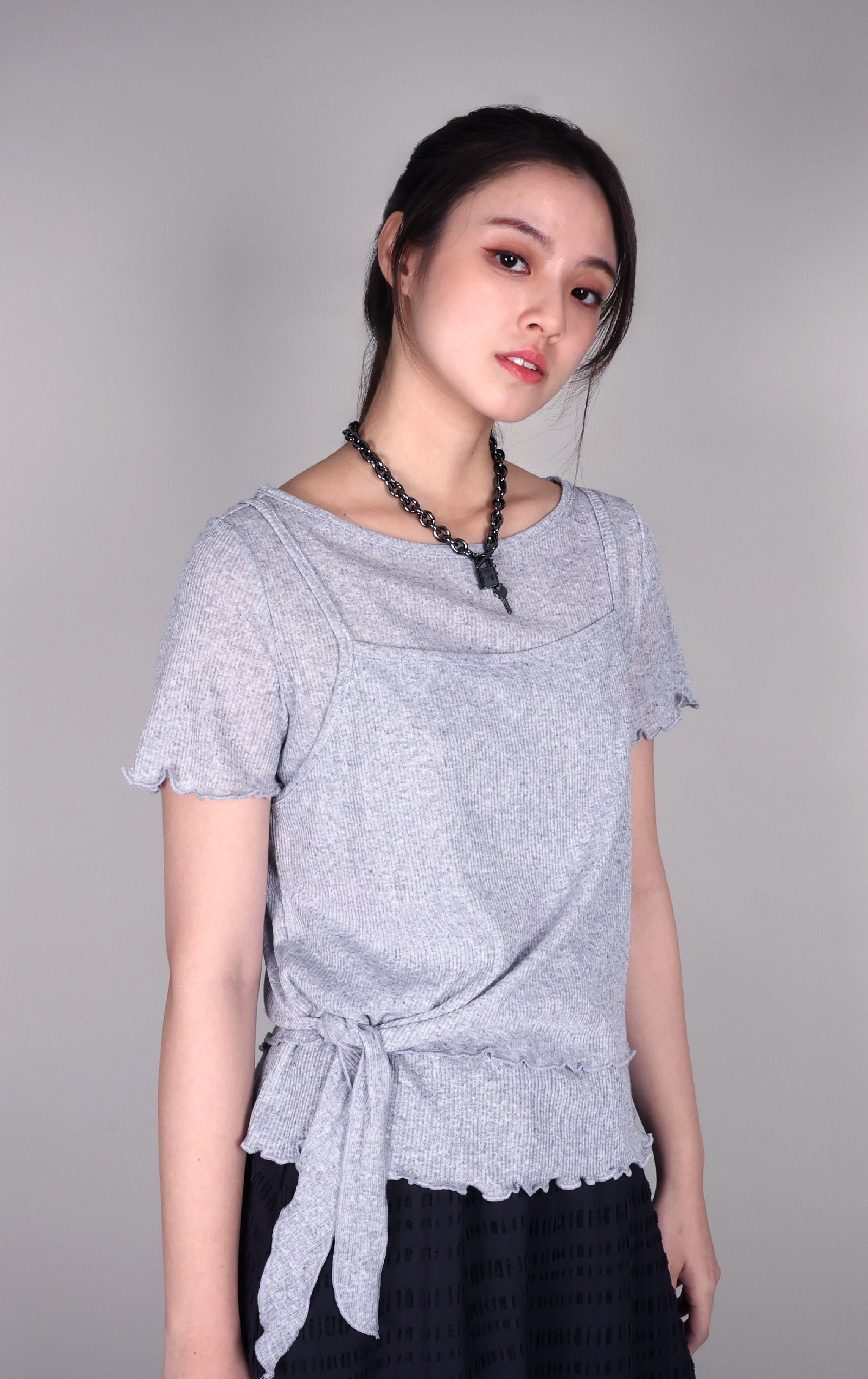 Layered Ribbed Knit Top With Side Ties ST0432