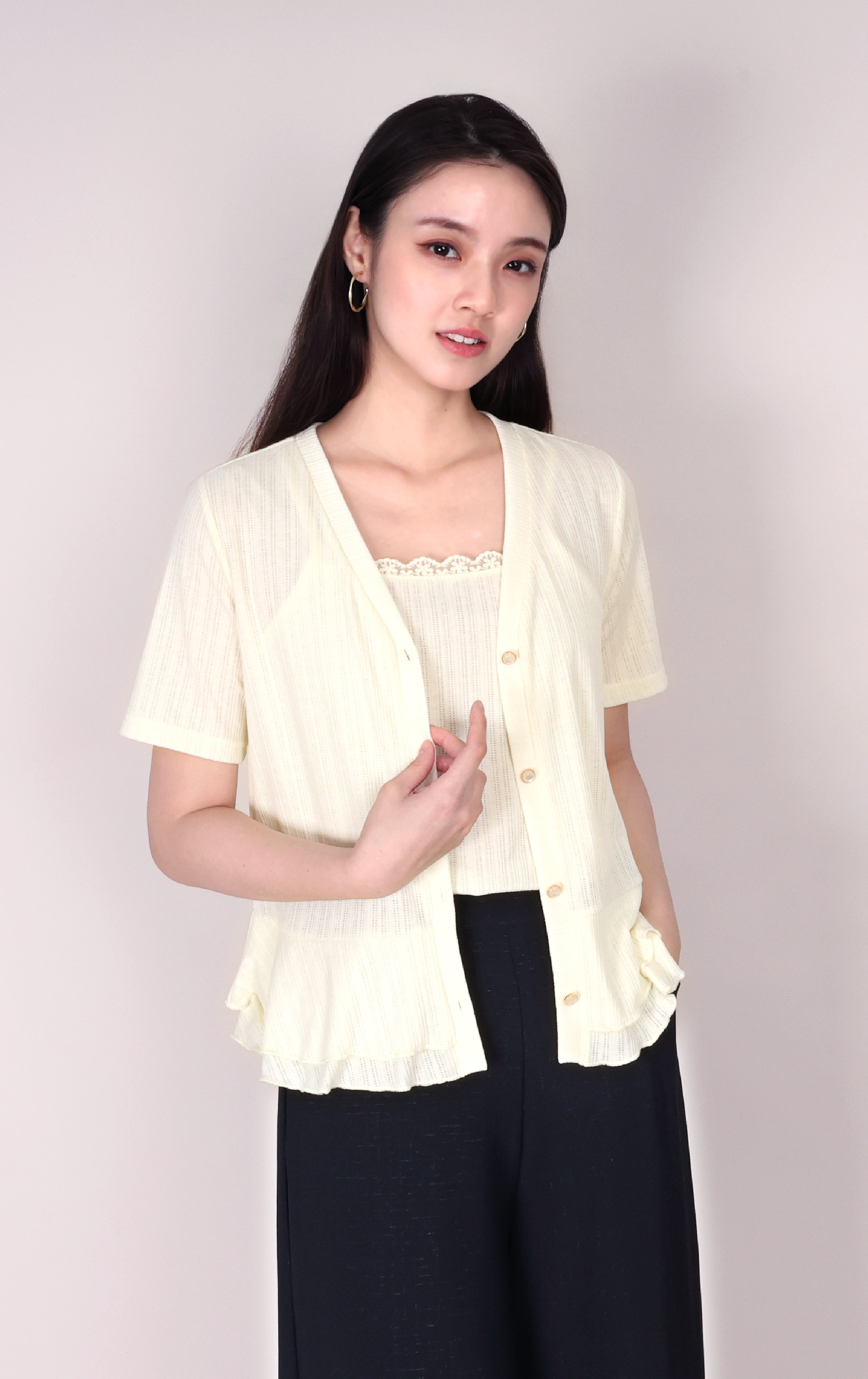 V-Neck Semi-Sheer Layered Ruffle Knit Top TS0071
