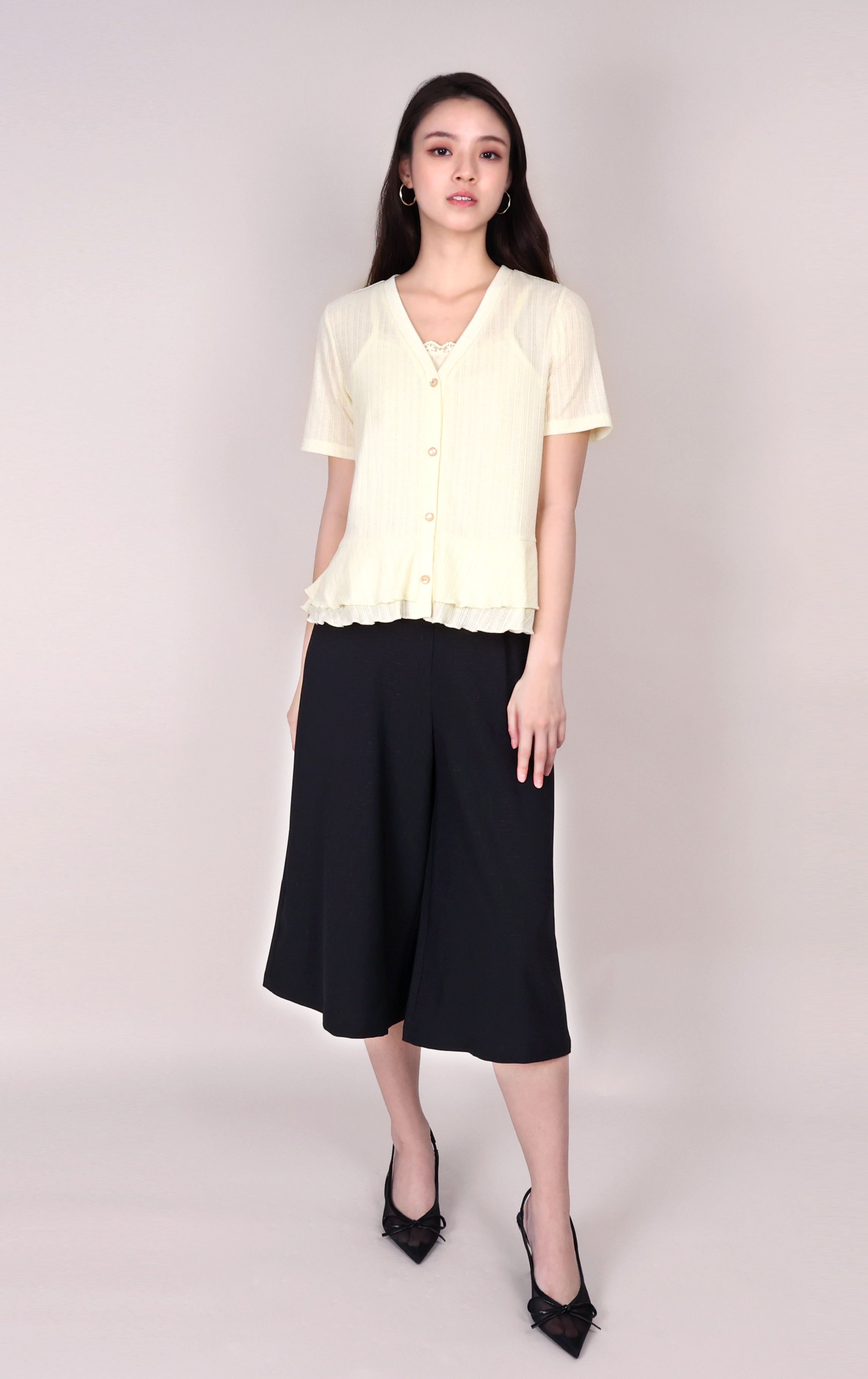 V-Neck Semi-Sheer Layered Ruffle Knit Top TS0071