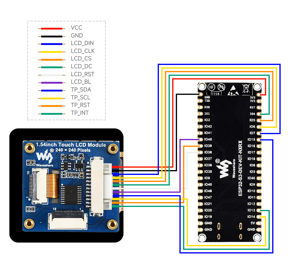 1.54吋 IPS 262K LCD 觸控顯示模組,ST7789S,ESP32-S3-DEV-KIT